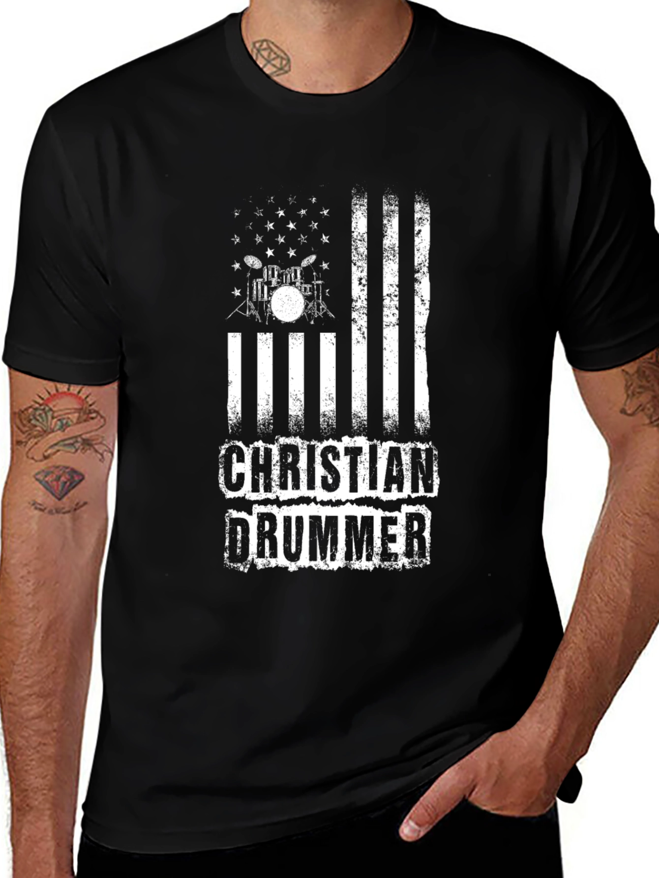 Christian Drummer Graphic Tee - Black Cotton Blend Shirt