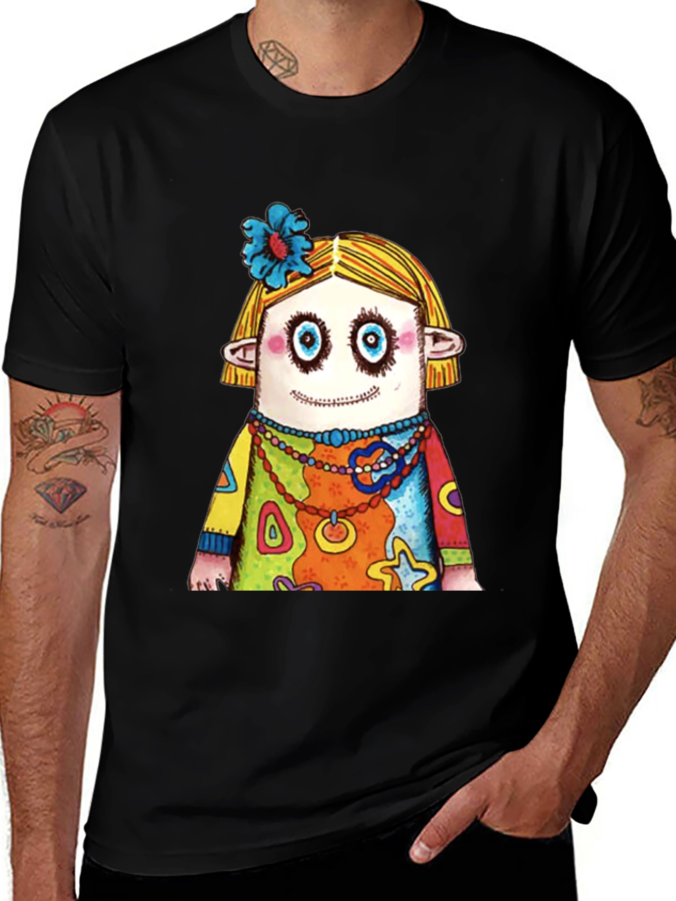 Variant 2 of Quirky Cartoon Character Graphic Black T-Shirt