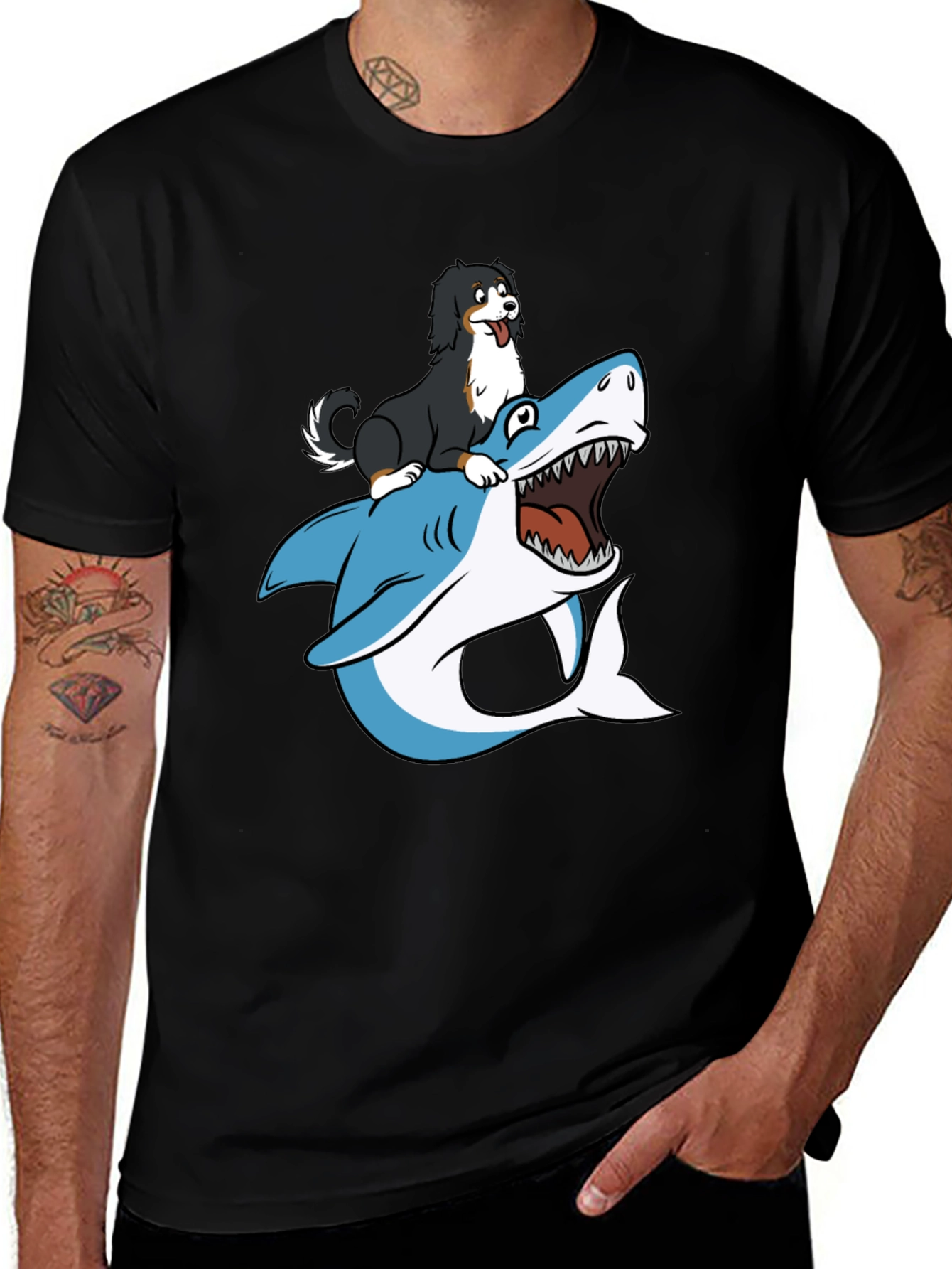 Variant 16 of Dog Riding Shark T-Shirt - Black