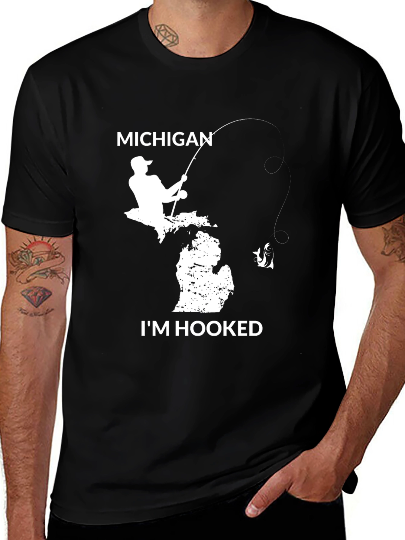 Variant 25 of Michigan Fishing T-Shirt - I'm Hooked - Black Cotton Tee