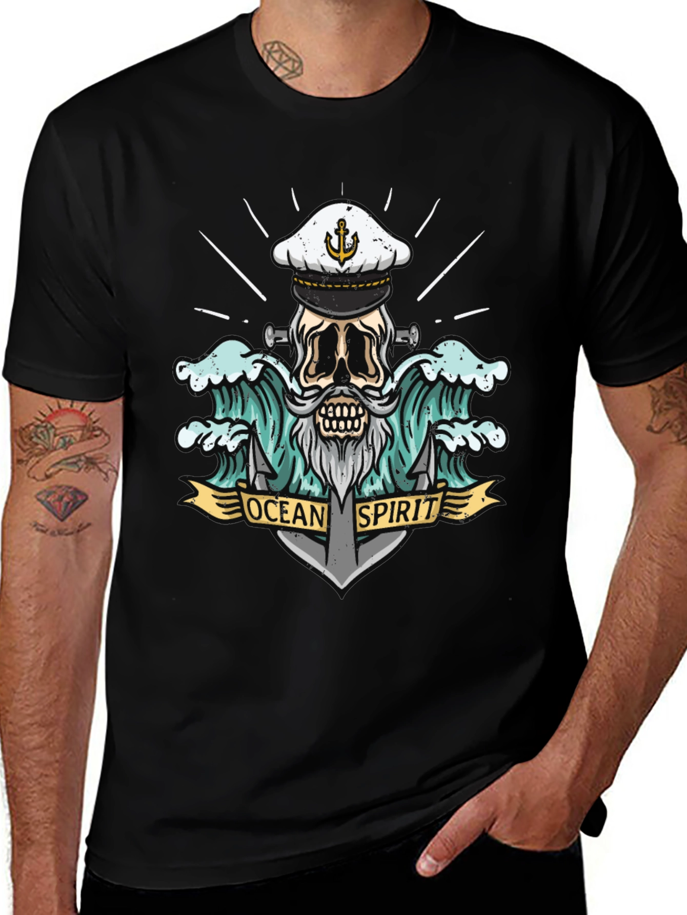 Black Ocean Spirit Graphic Tee - Pirate Skull Anchor main image