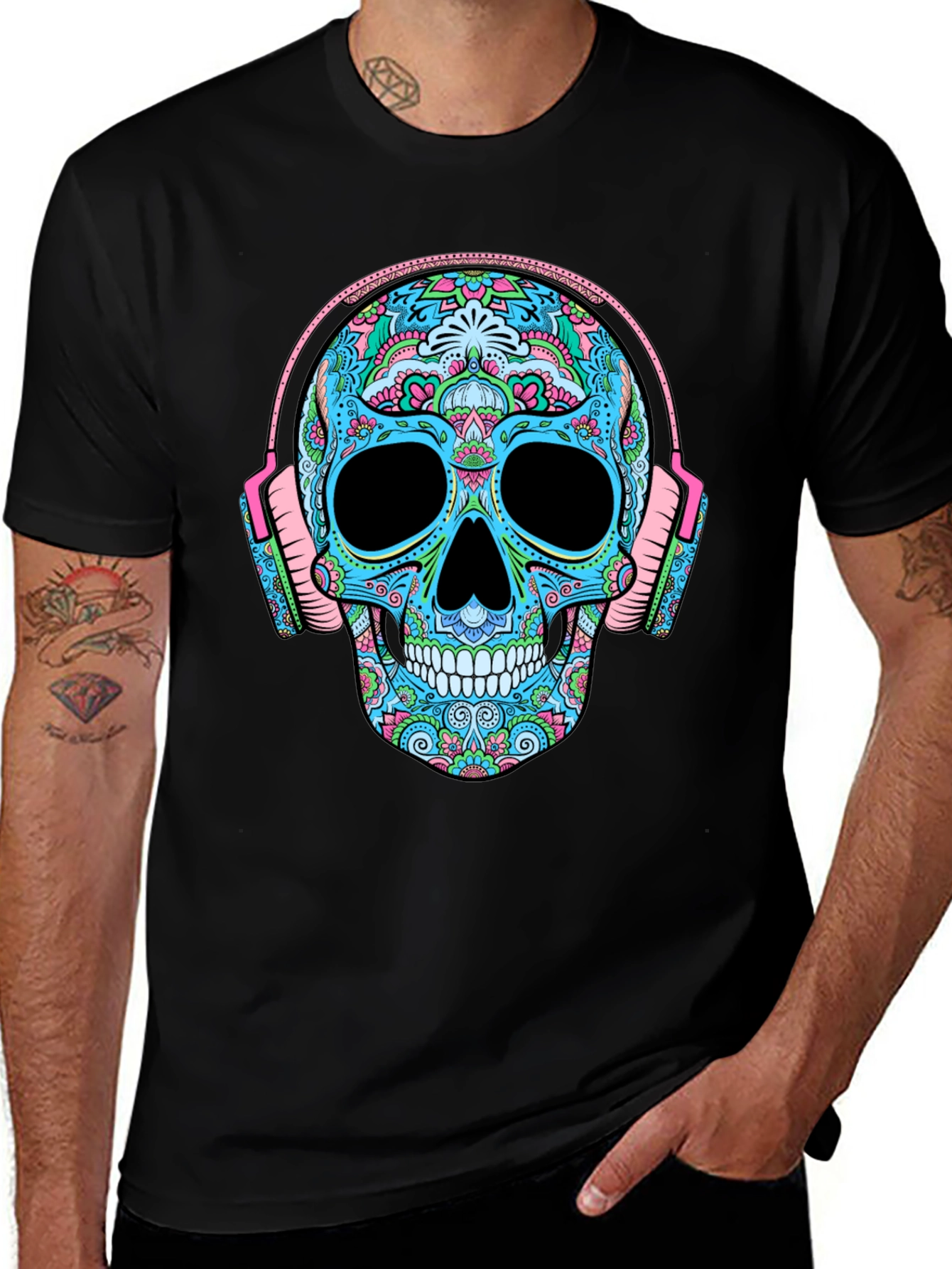 Variant 7 of Skull with Headphones Graphic Tee - Stylish Black T-Shirt