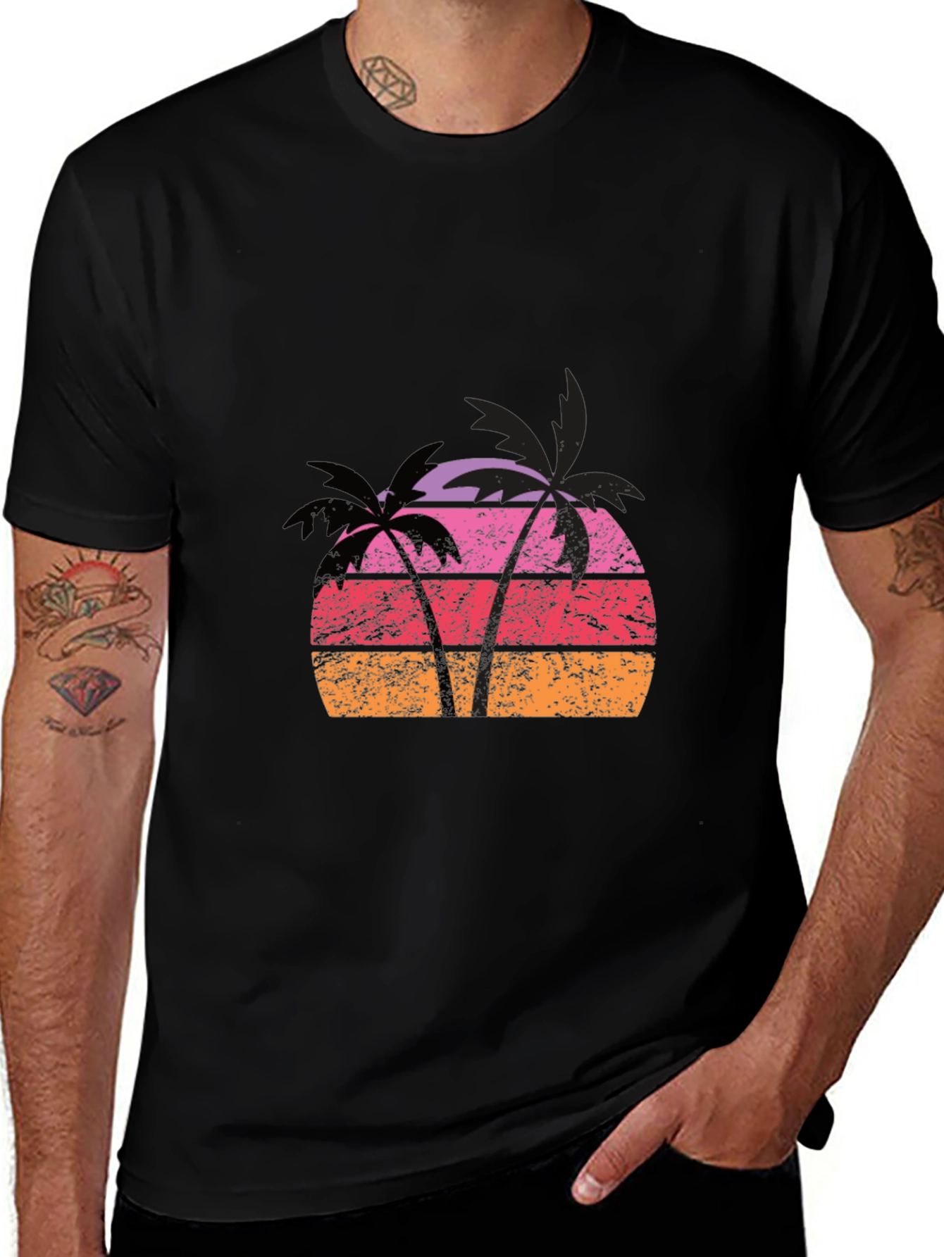 Variant 10 of Retro Palm Tree Sunset Graphic Tee - Black