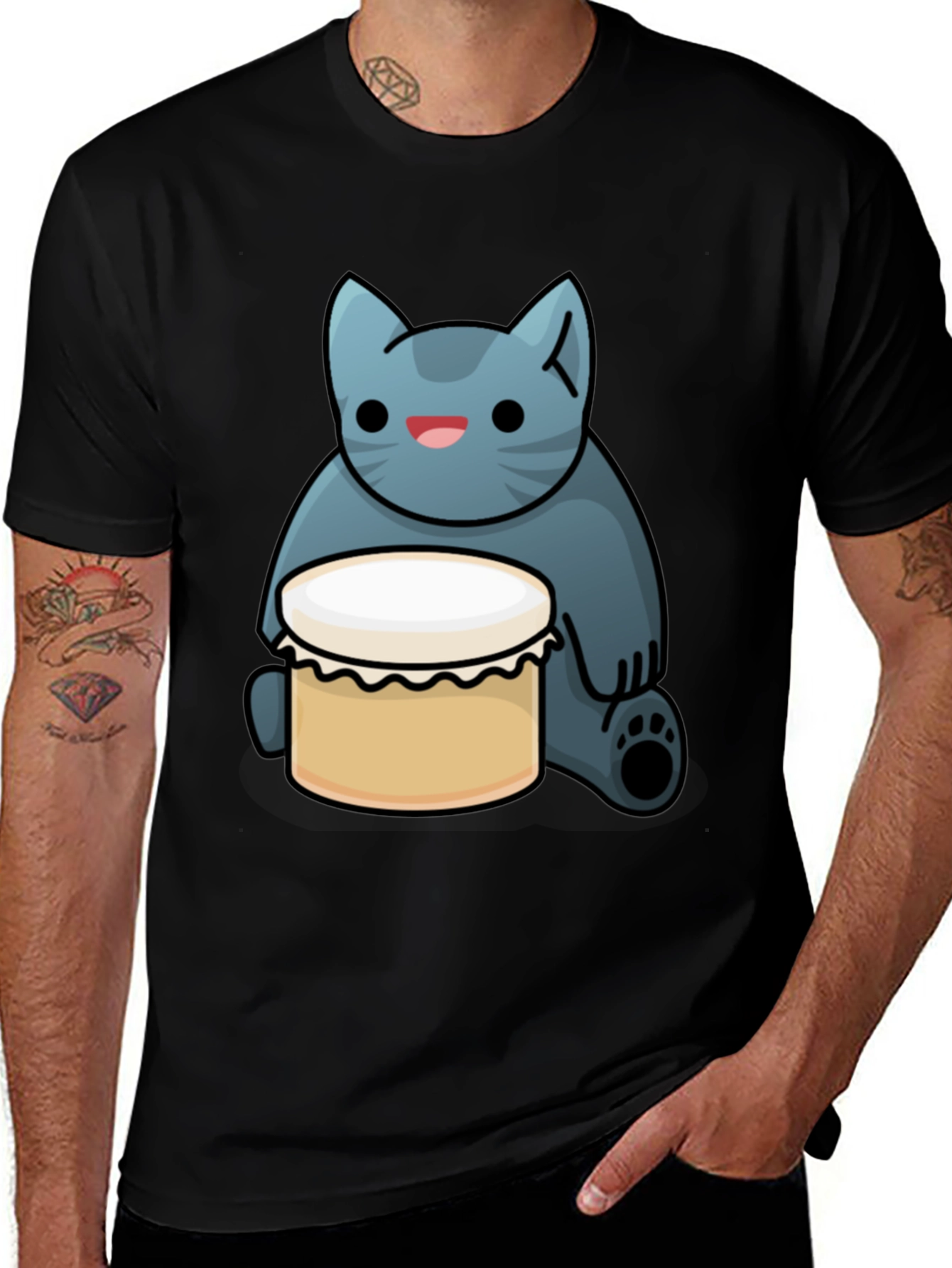 Black Cat Drum T-Shirt - Black, Fun Graphic Tee main image