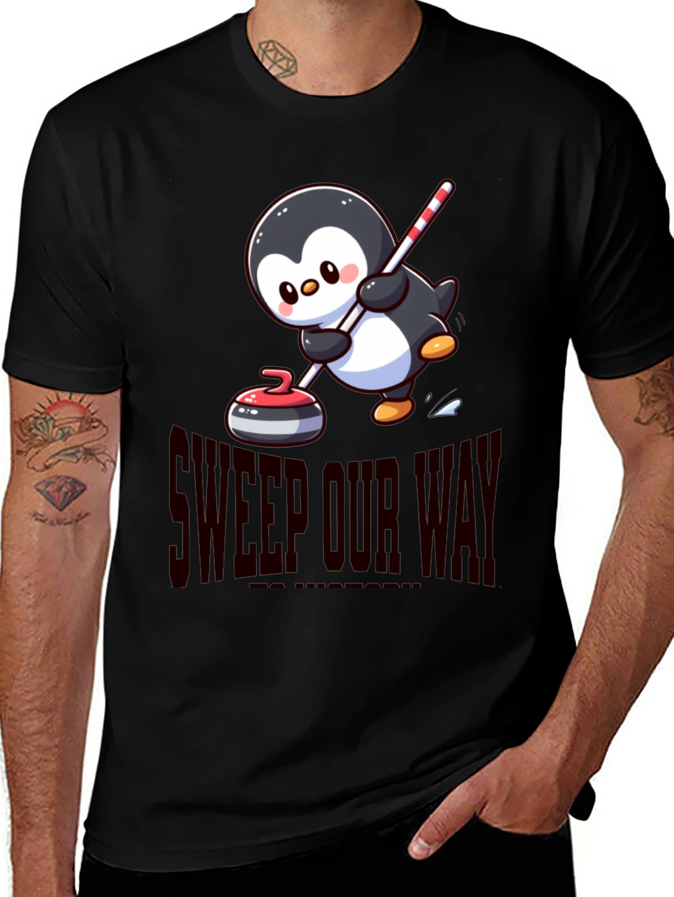 Variant 20 of Sweep Our Way Curling Penguin Graphic Tee