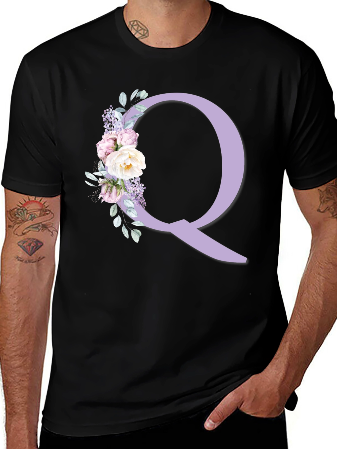 Variant 9 of Floral Letter Q Black T-Shirt