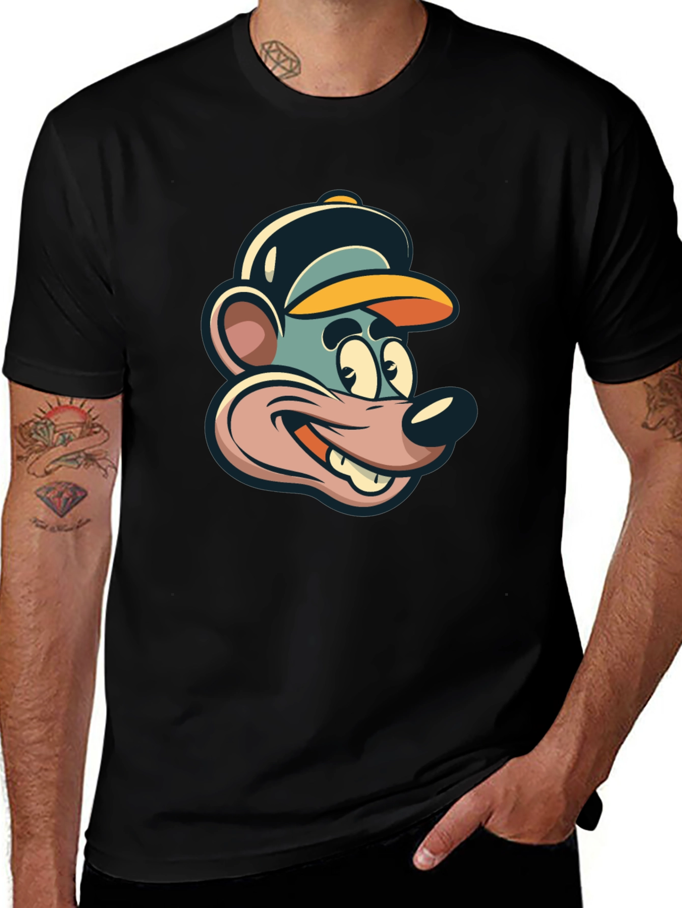 Cartoon Mouse Graphic Tee - Black Cotton T-Shirt