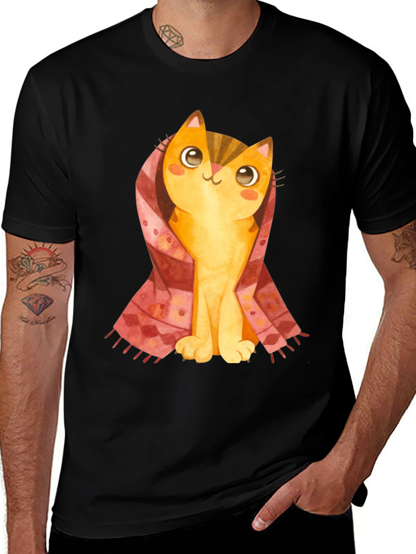 Variant 22 of Cute Cartoon Cat in Scarf Black T-Shirt