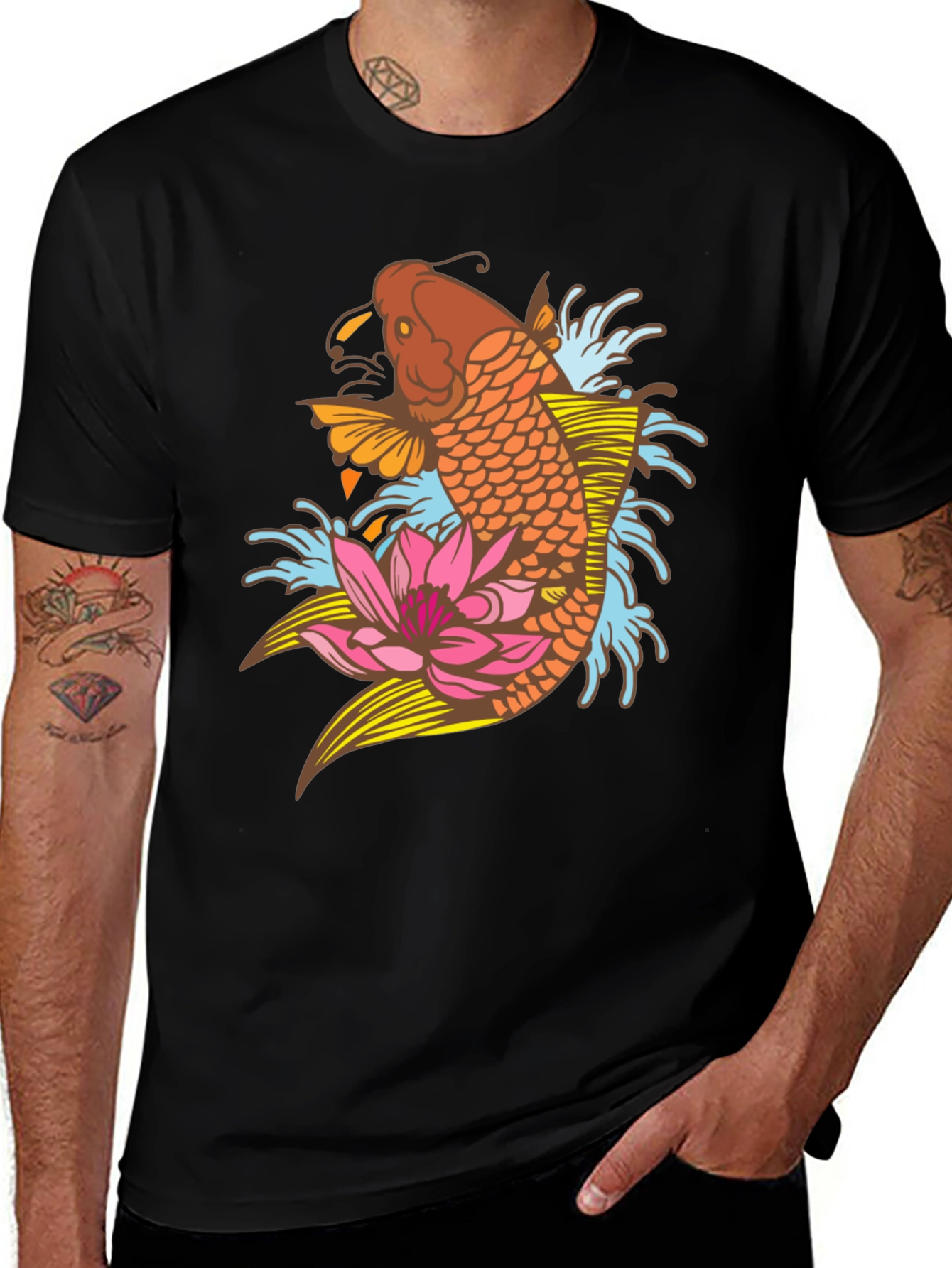 Variant 11 of Koi Fish Lotus Graphic Black T-Shirt