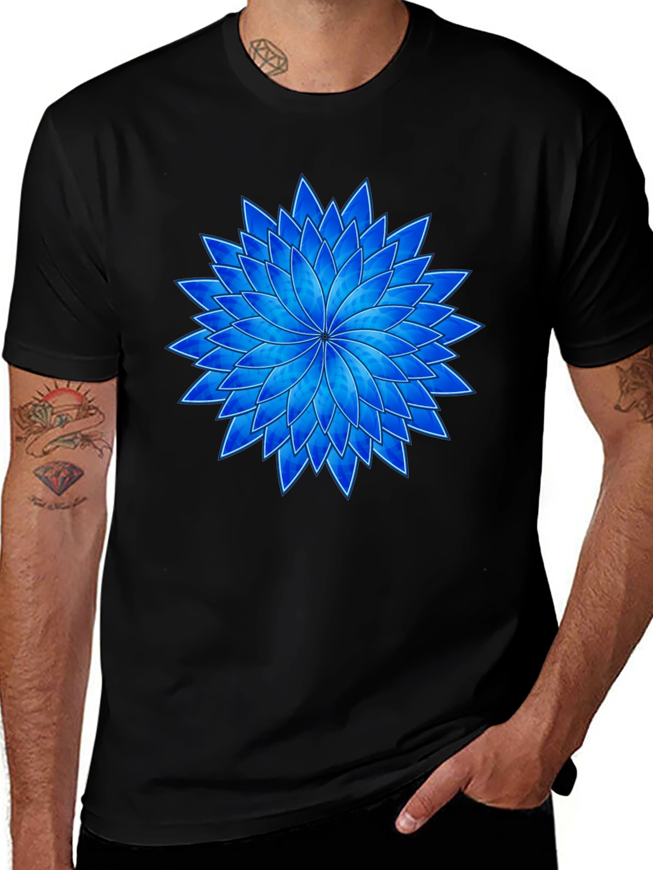 Black Blue Flower Graphic Black T-Shirt main image