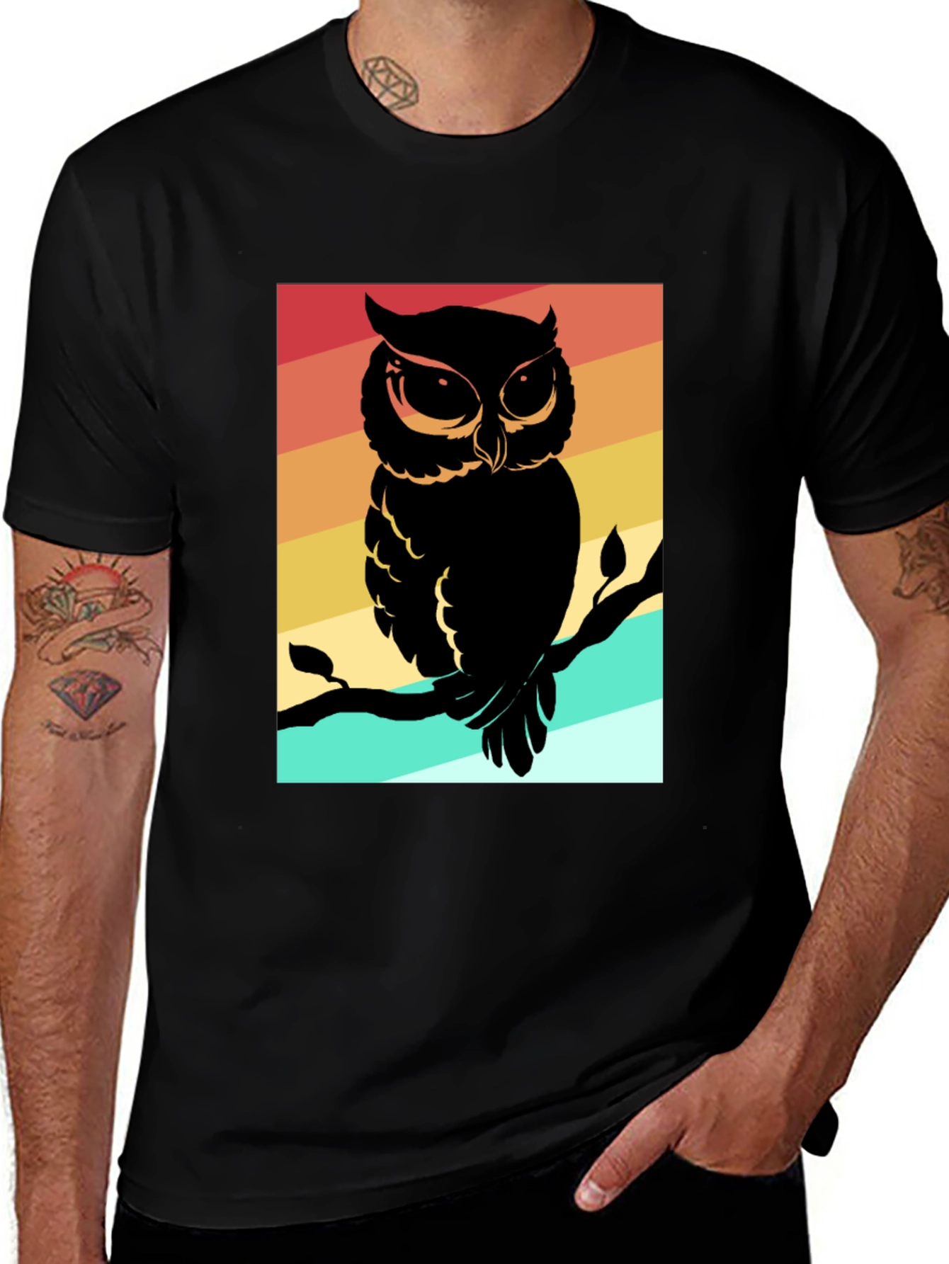 Variant 12 of Retro Owl Graphic Tee - Men's Black Cotton T-Shirt