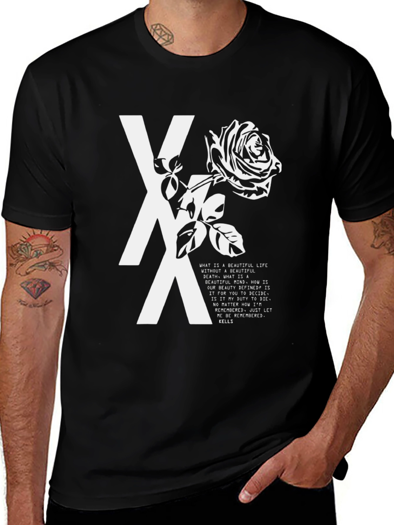 Variant 23 of Machine Gun Kelly Black Graphic Tee - Rose & Text Design