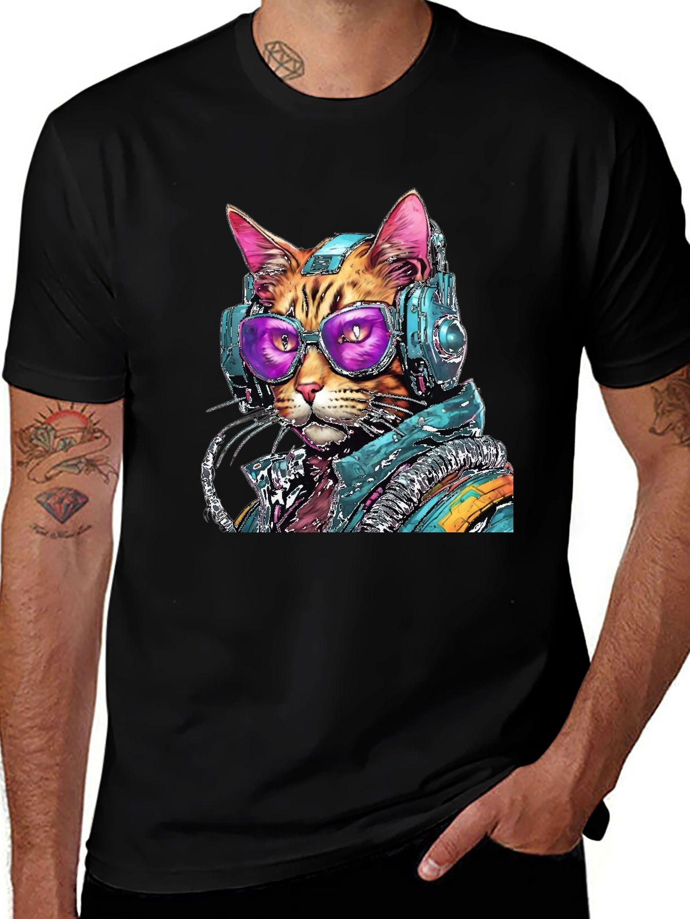 Variant 9 of Cool Cat DJ Graphic Tee - Black Cotton Comfort