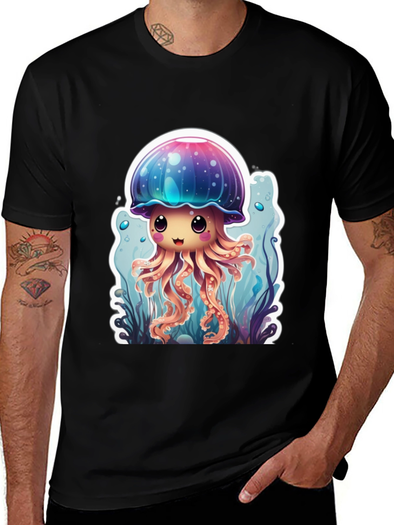 Variant 15 of Cute Jellyfish Graphic Tee - Black Cotton T-Shirt