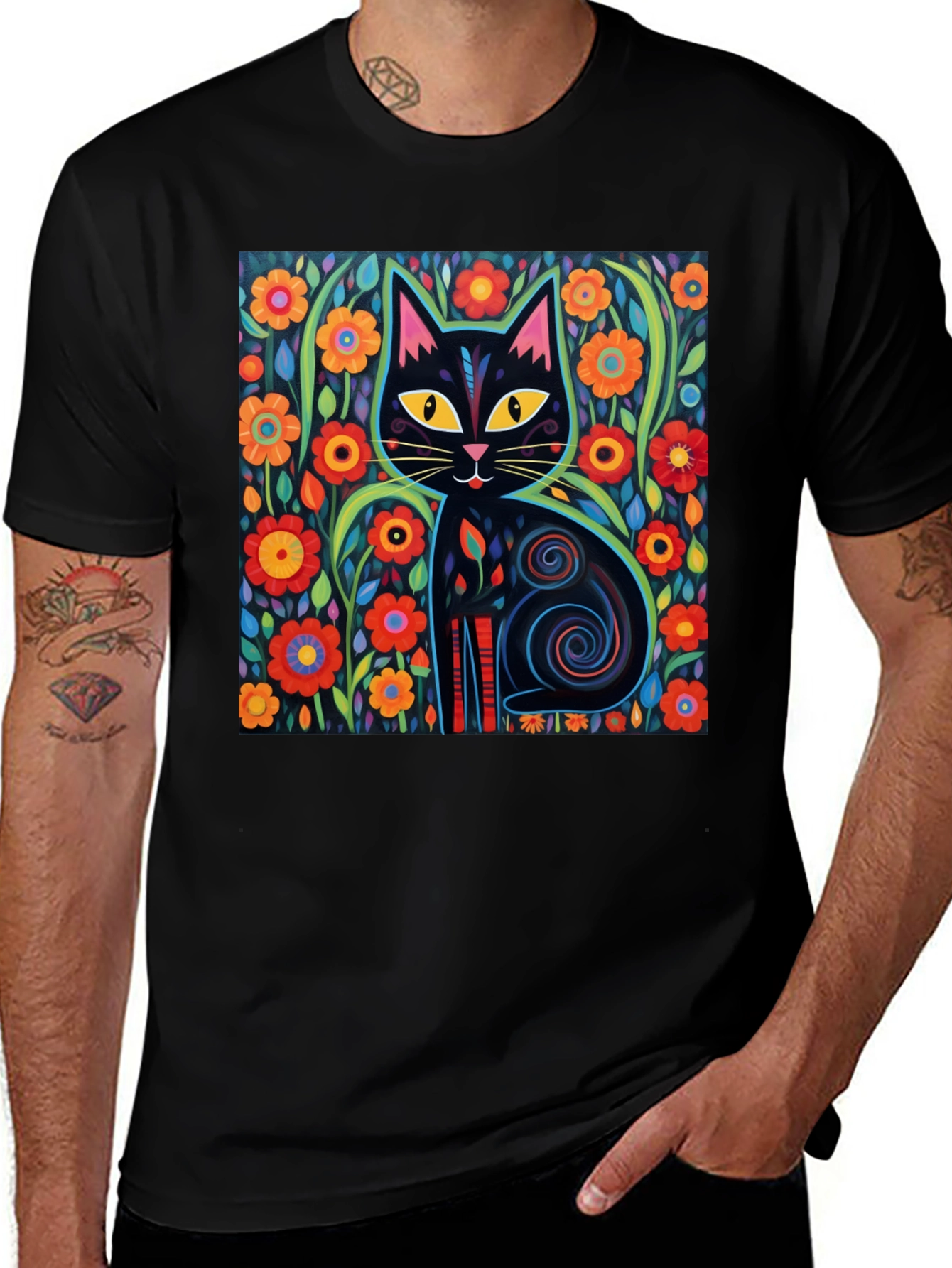 Variant 7 of Floral Cat Graphic Tee - Black