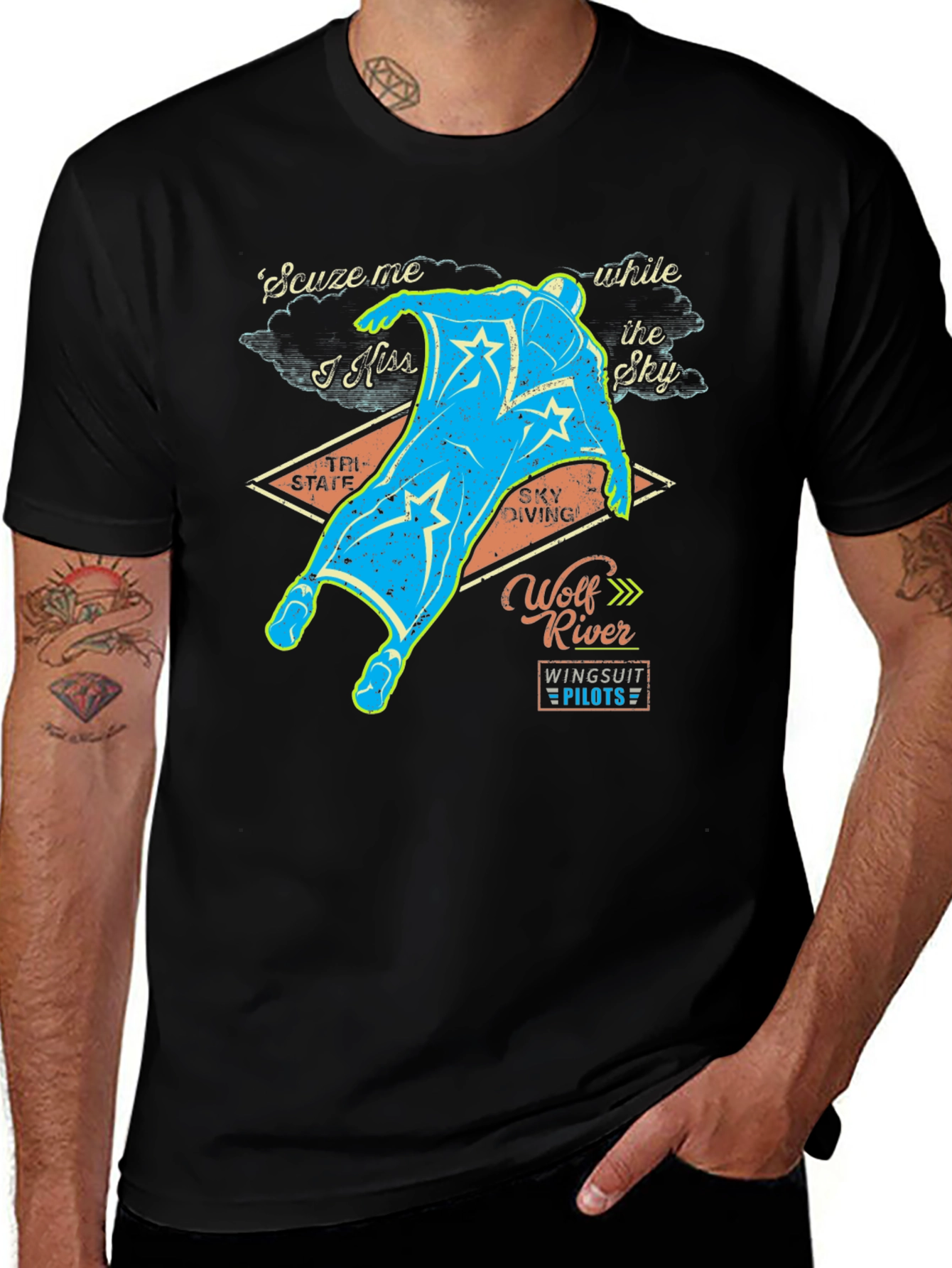 Variant 17 of Wolf River Wingsuit Pilots Graphic Tee