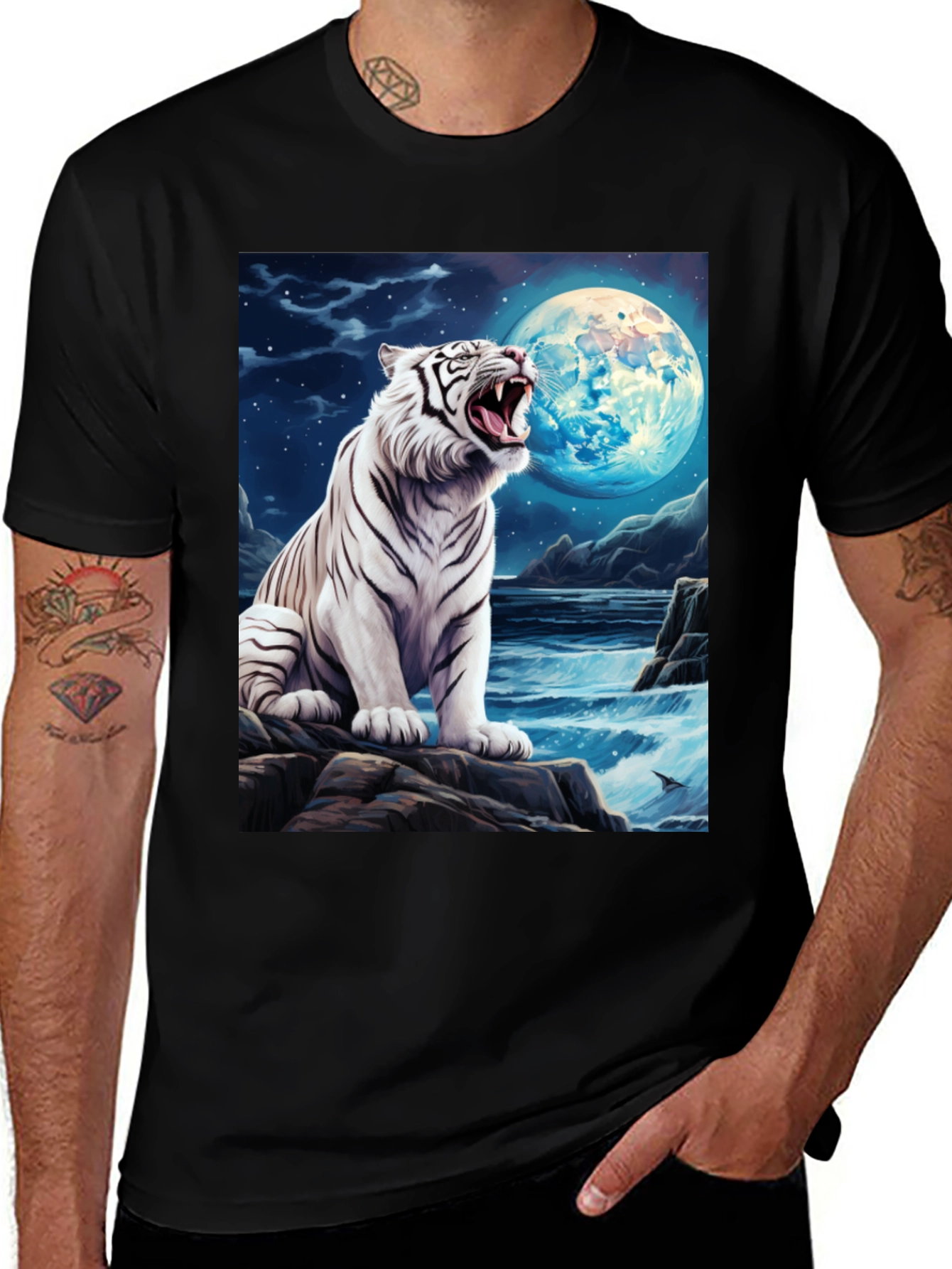 Variant 19 of White Tiger Moon Graphic Black T-Shirt