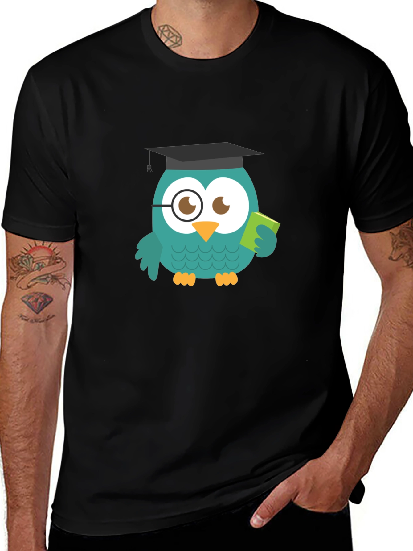Variant 24 of Whimsical Owl Professor Graphic Tee - Black