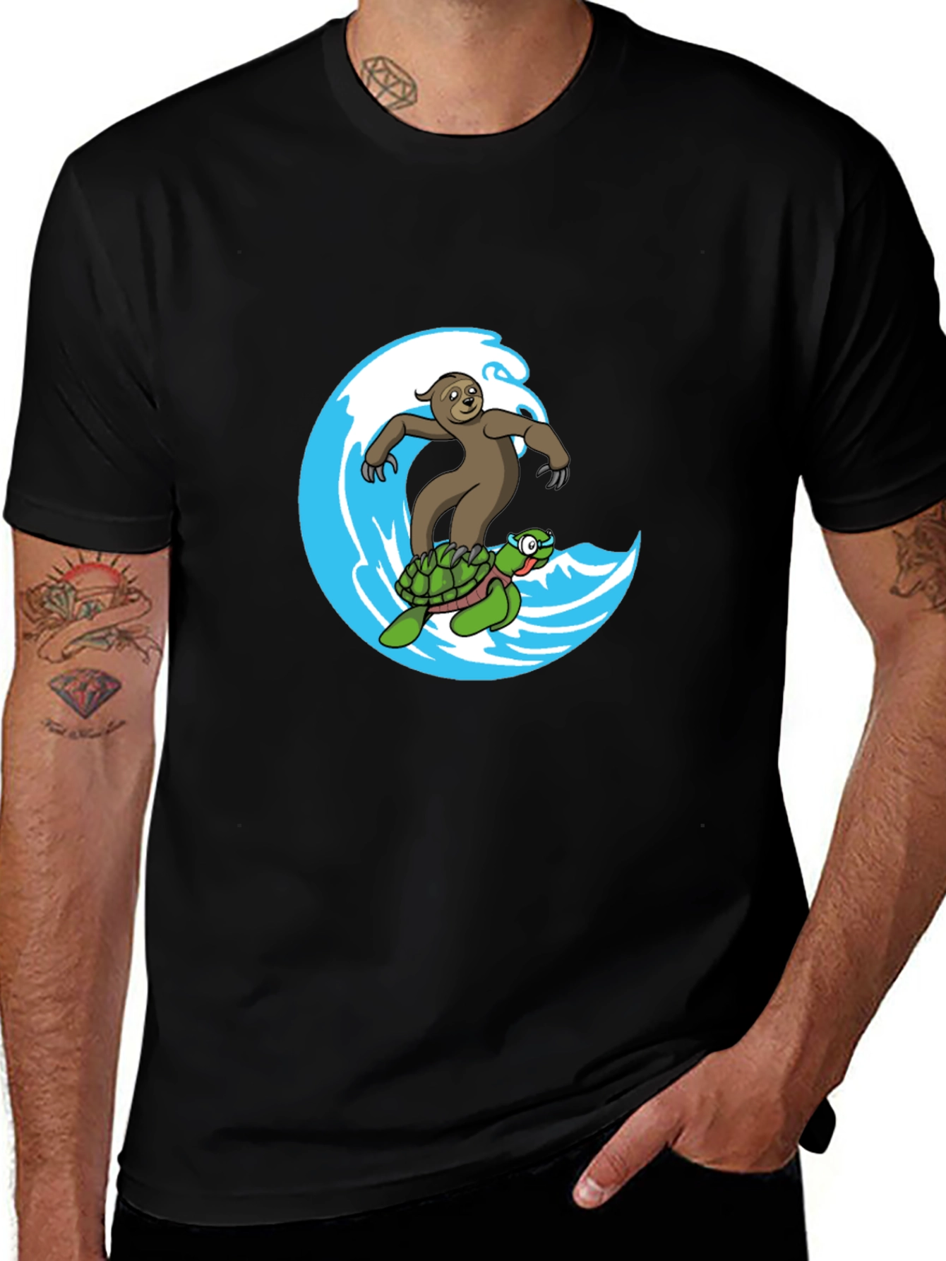 Variant 11 of Sloth & Turtle Surfing Wave Graphic Tee - Cool Black T-Shirt