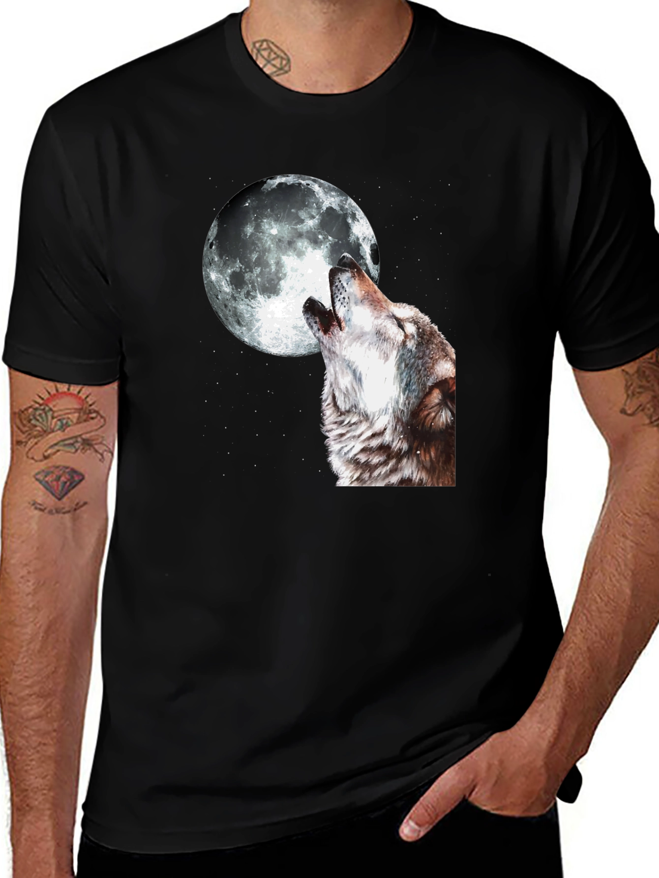 Variant 26 of Wolf Howling at Moon Graphic Black T-Shirt