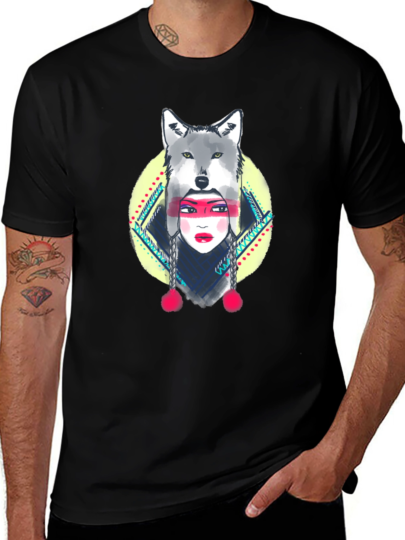 Variant 6 of Wolf Headdress Graphic Tee - Black Cotton T-Shirt