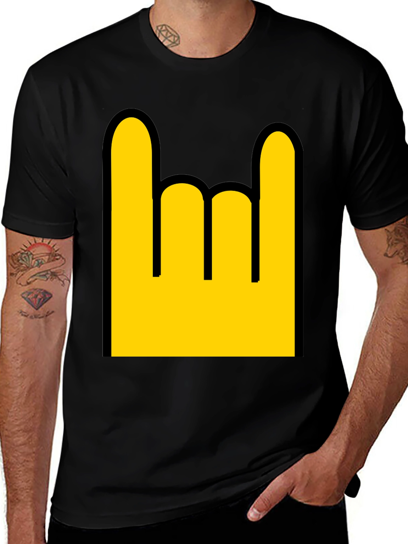 Rock On T-Shirt - Black - Yellow Hand Sign