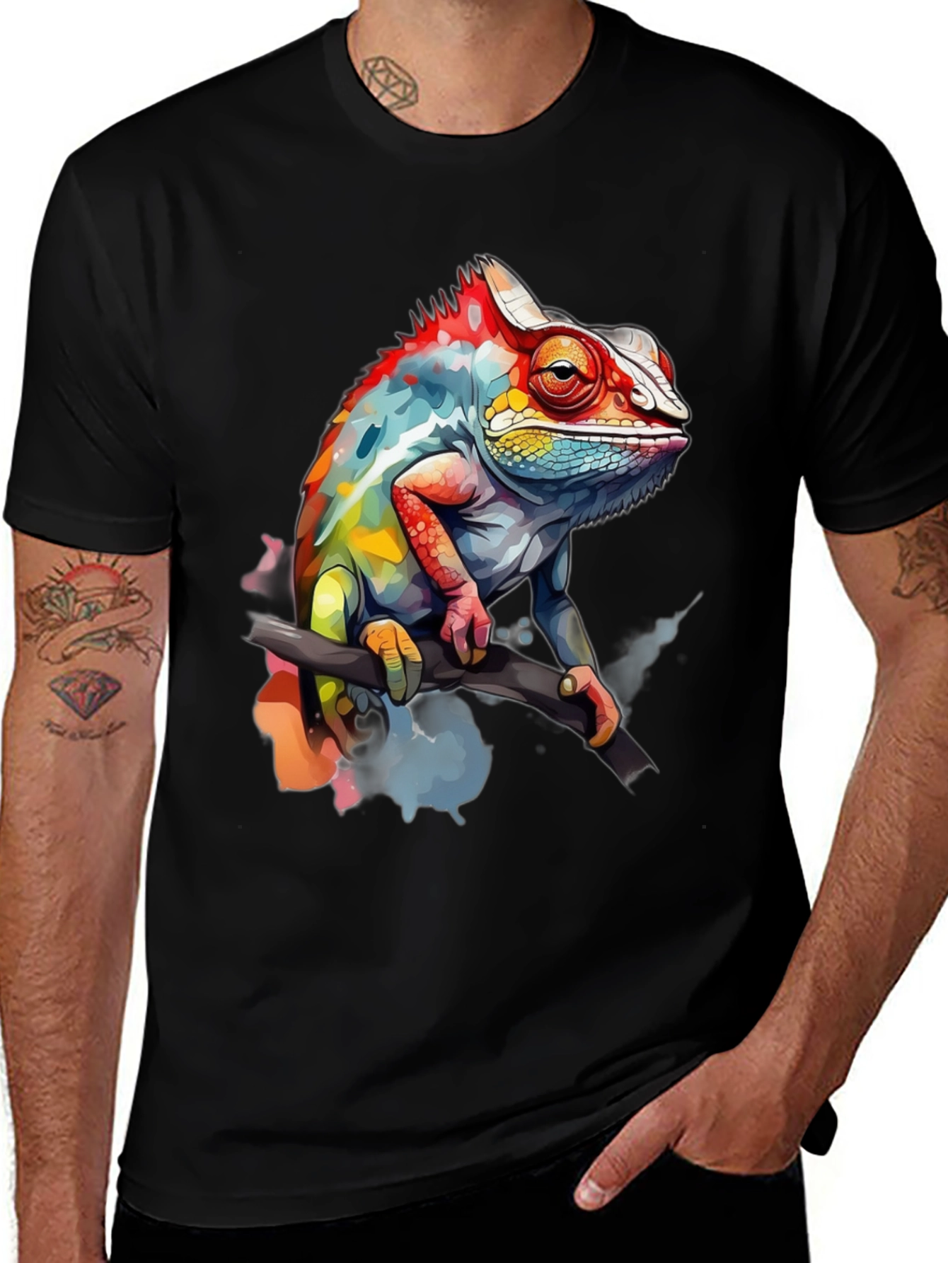 Variant 2 of Vibrant Chameleon Graphic Tee - Men's Black T-Shirt