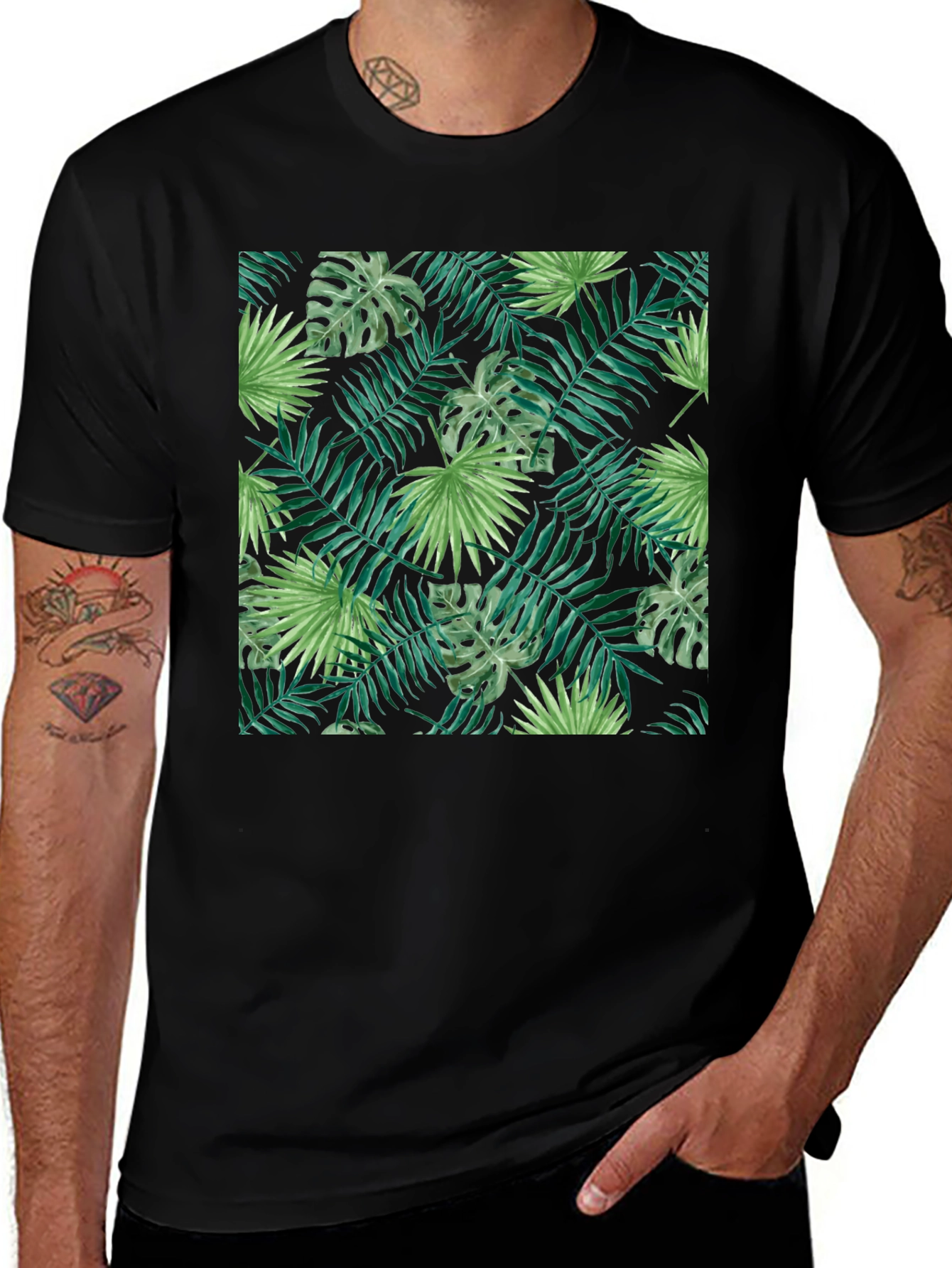 Tropical Leaves Print Black T-Shirt
