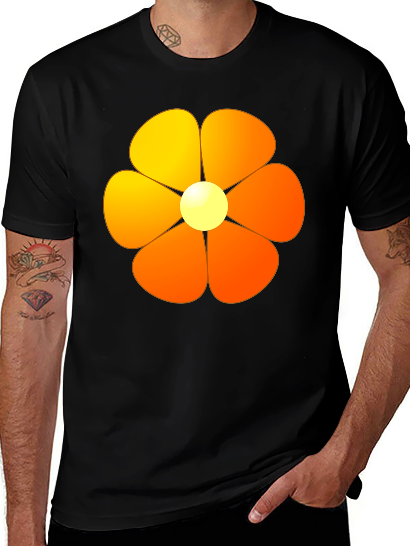 Variant 18 of Retro Flower Power Graphic Tee - Black Cotton Blend Shirt