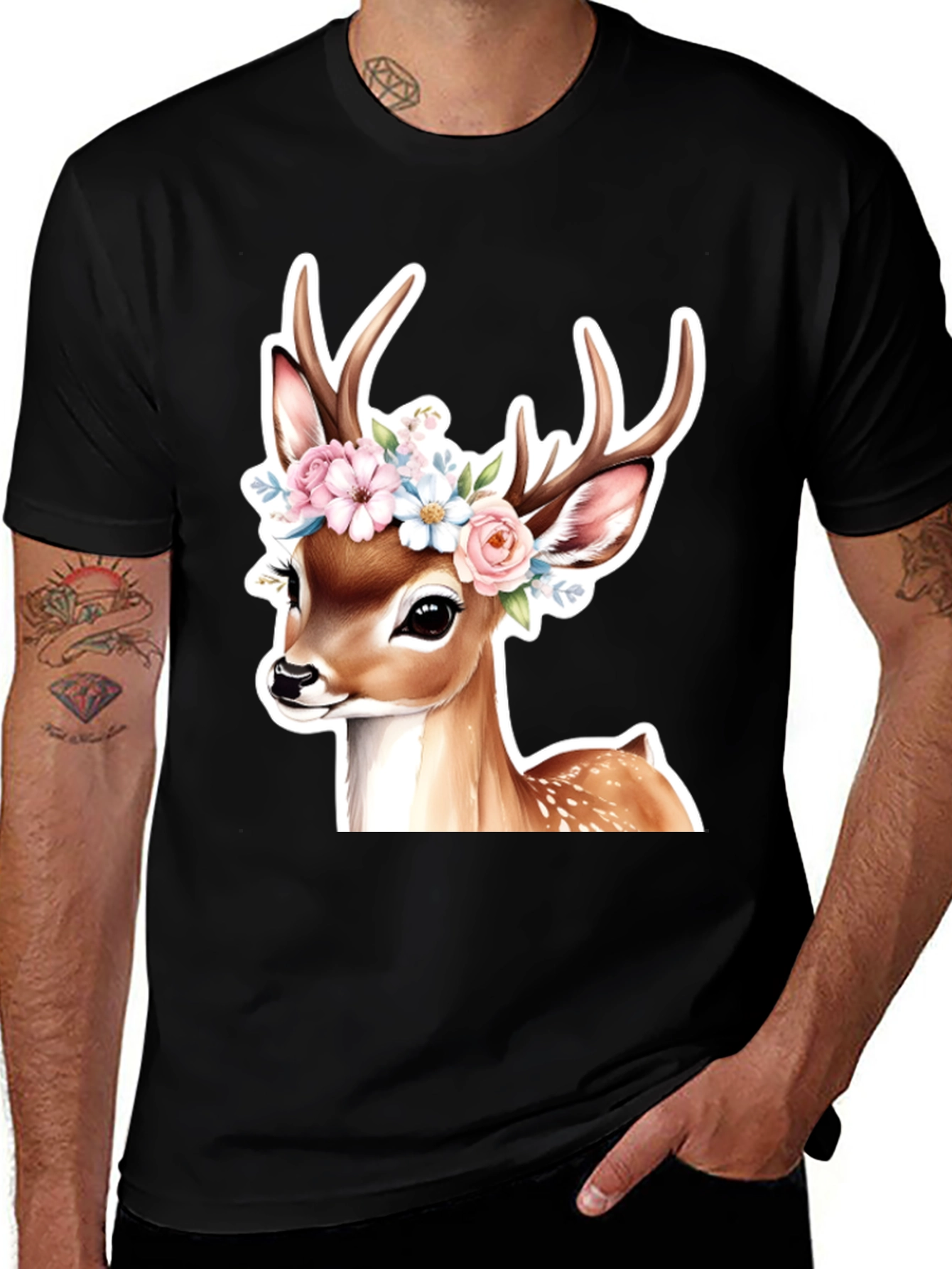 Variant 24 of Deer Floral Crown Black T-Shirt