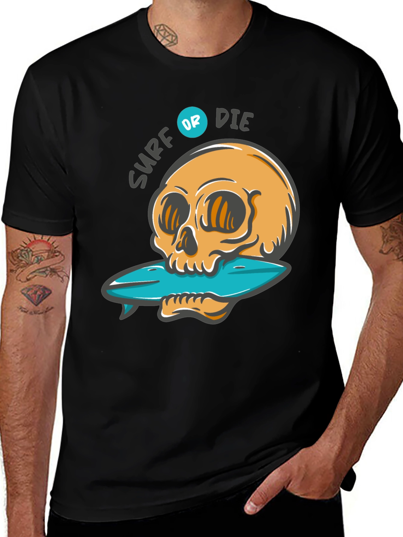 Surf or Die Graphic Tee - Skull & Surfboard Design