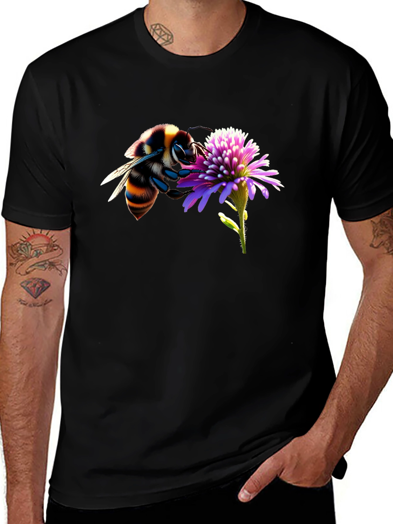 Variant 17 of Bee on Flower Graphic Tee - Black Cotton T-Shirt