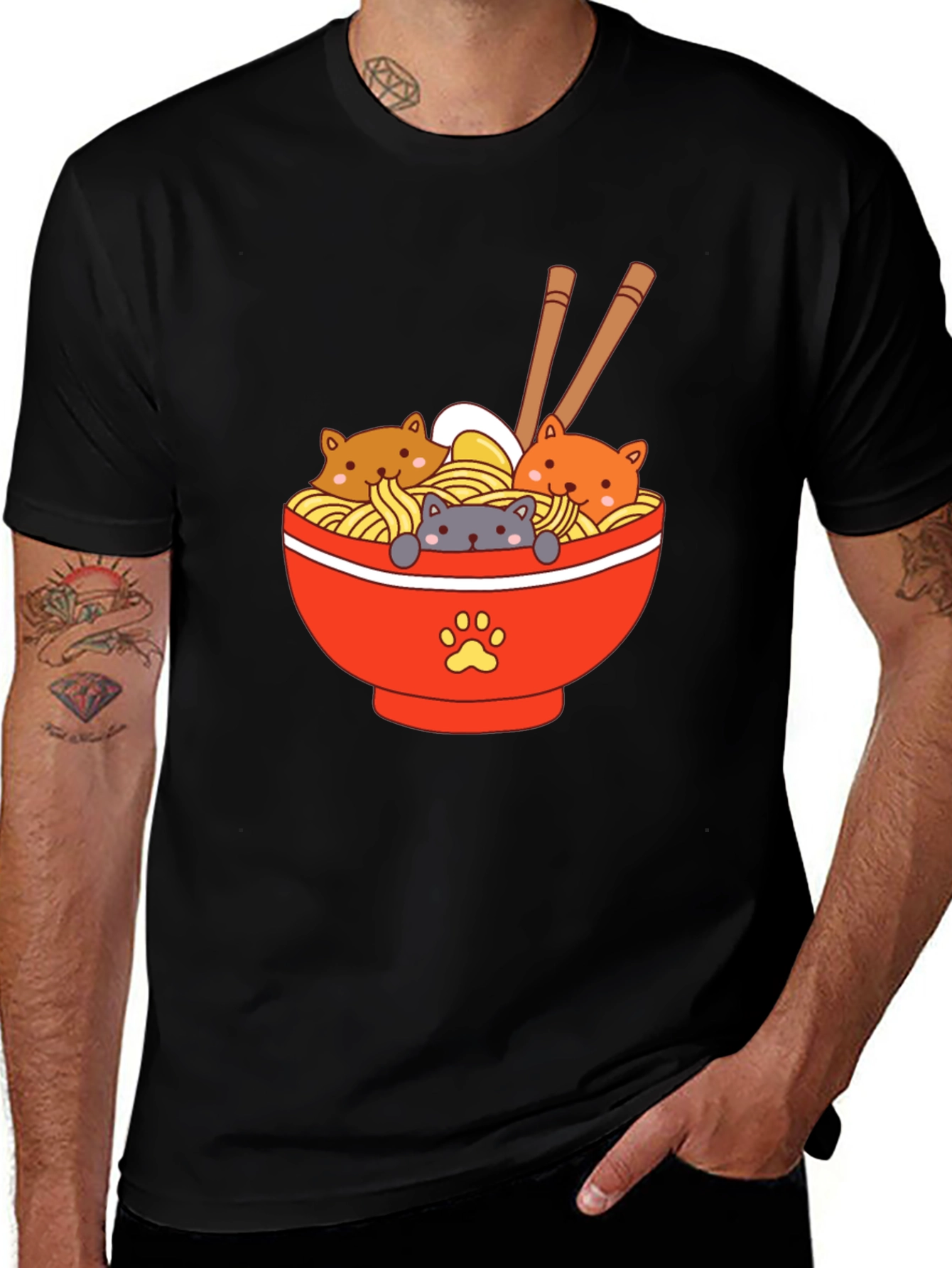 Cute Ramen Cat Bowl Graphic T-Shirt - Unisex Black Tee