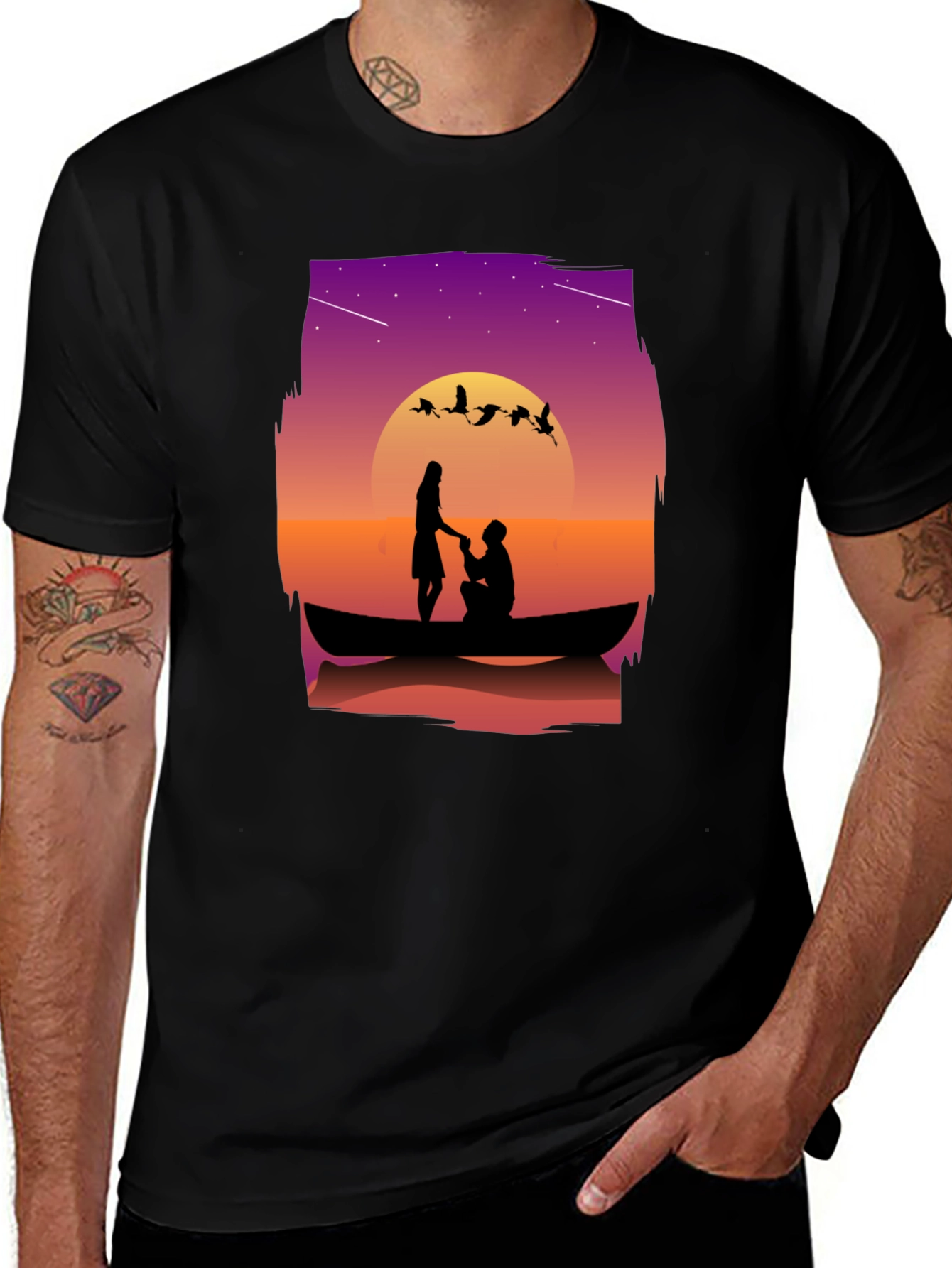 Black Romantic Sunset Proposal Graphic T-Shirt main image