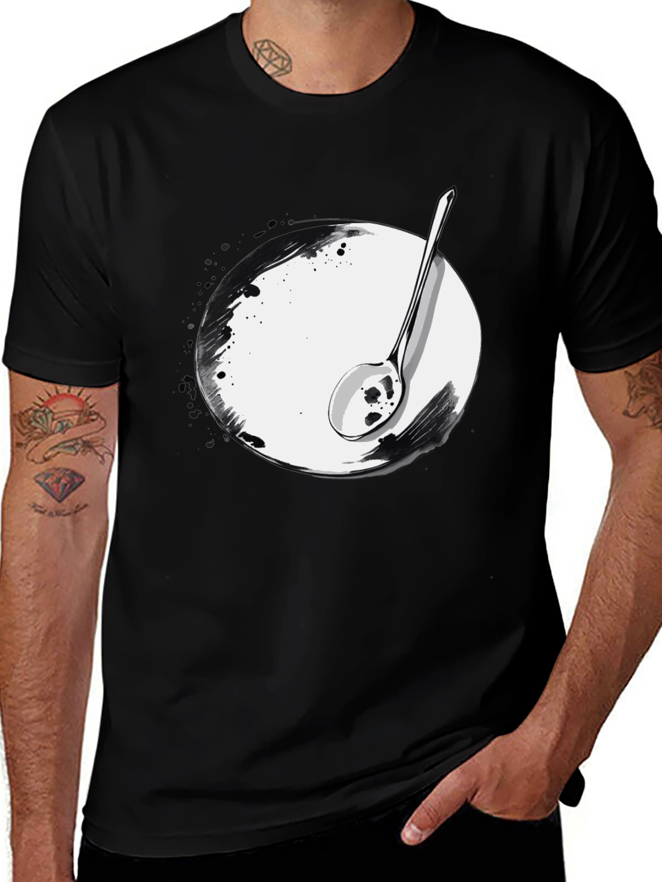 Black Spoon & Plate Graphic Tee - Modern Art Shirt main image