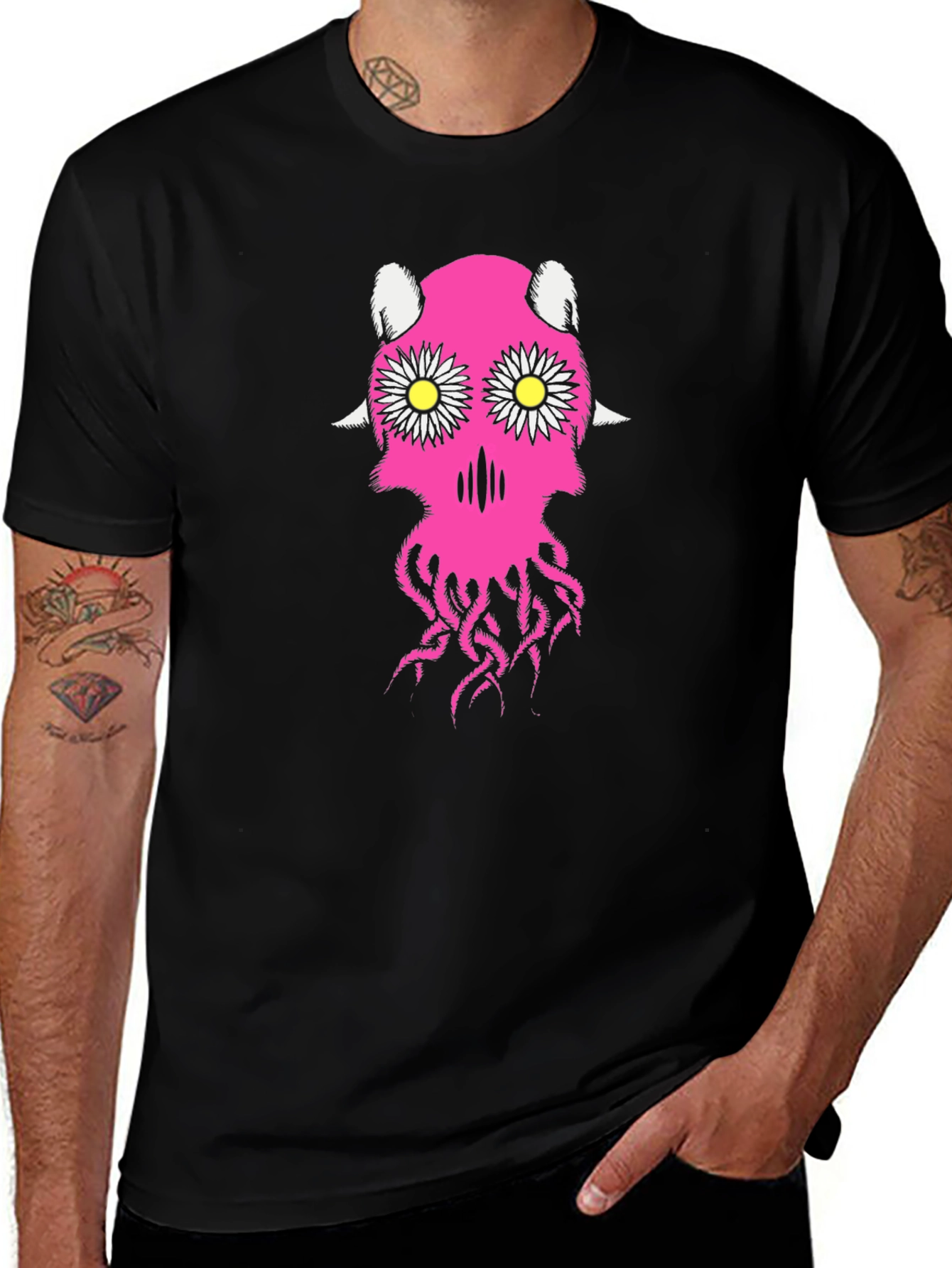 Variant 8 of Pink Floral Skull Graphic Tee - Gothic Style