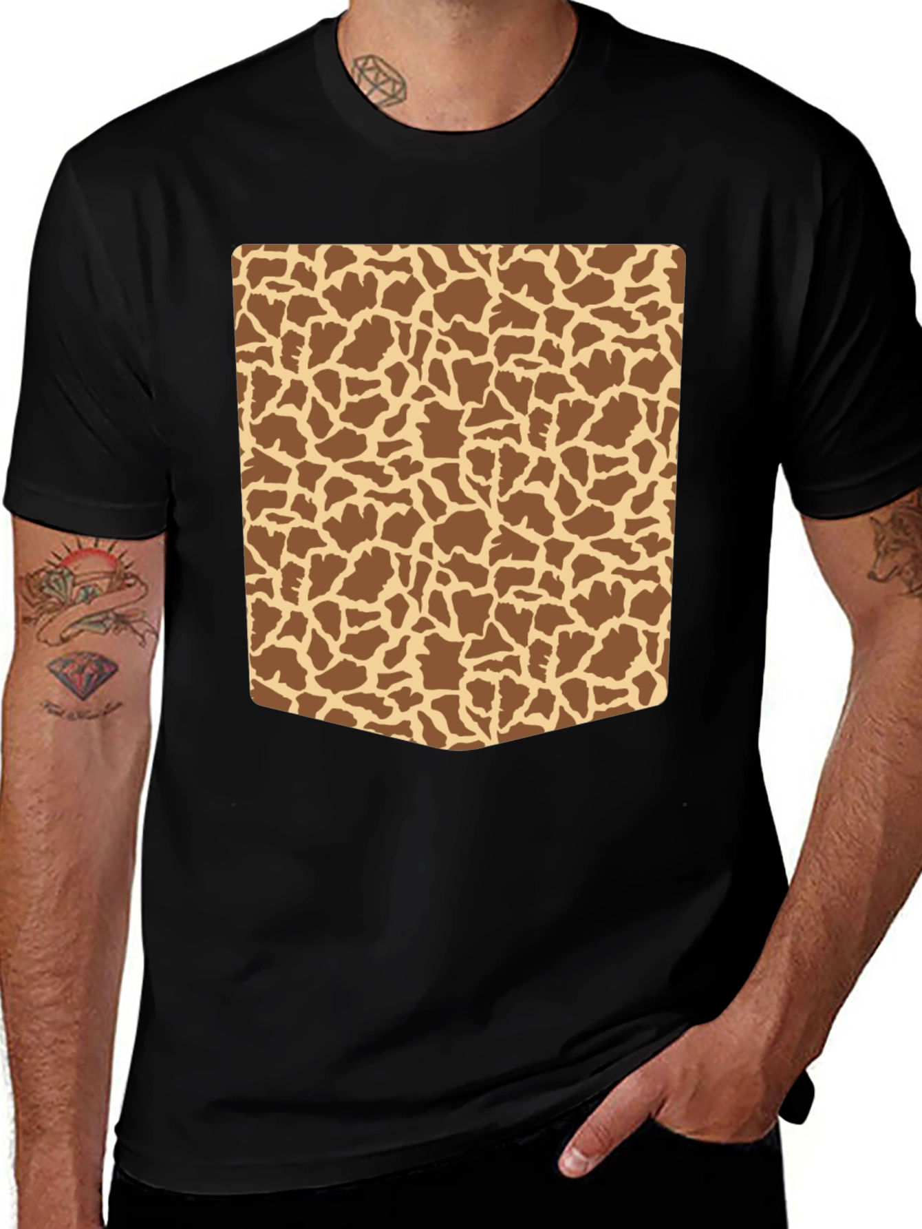 Variant 21 of Giraffe Print Pocket Black T-Shirt - Novelty Tee