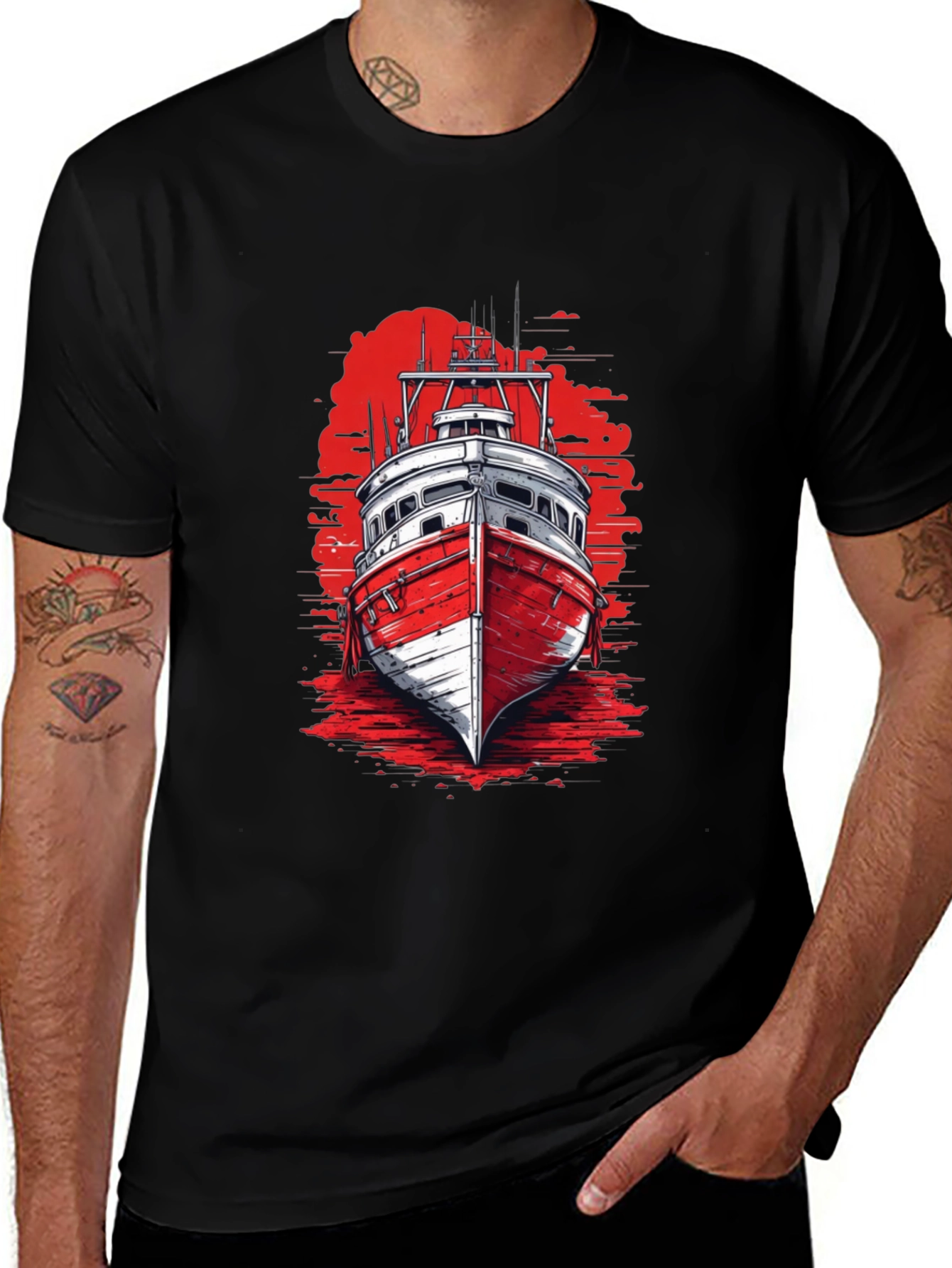 Variant 2 of Nautical Boat Graphic Tee - Black Cotton T-Shirt