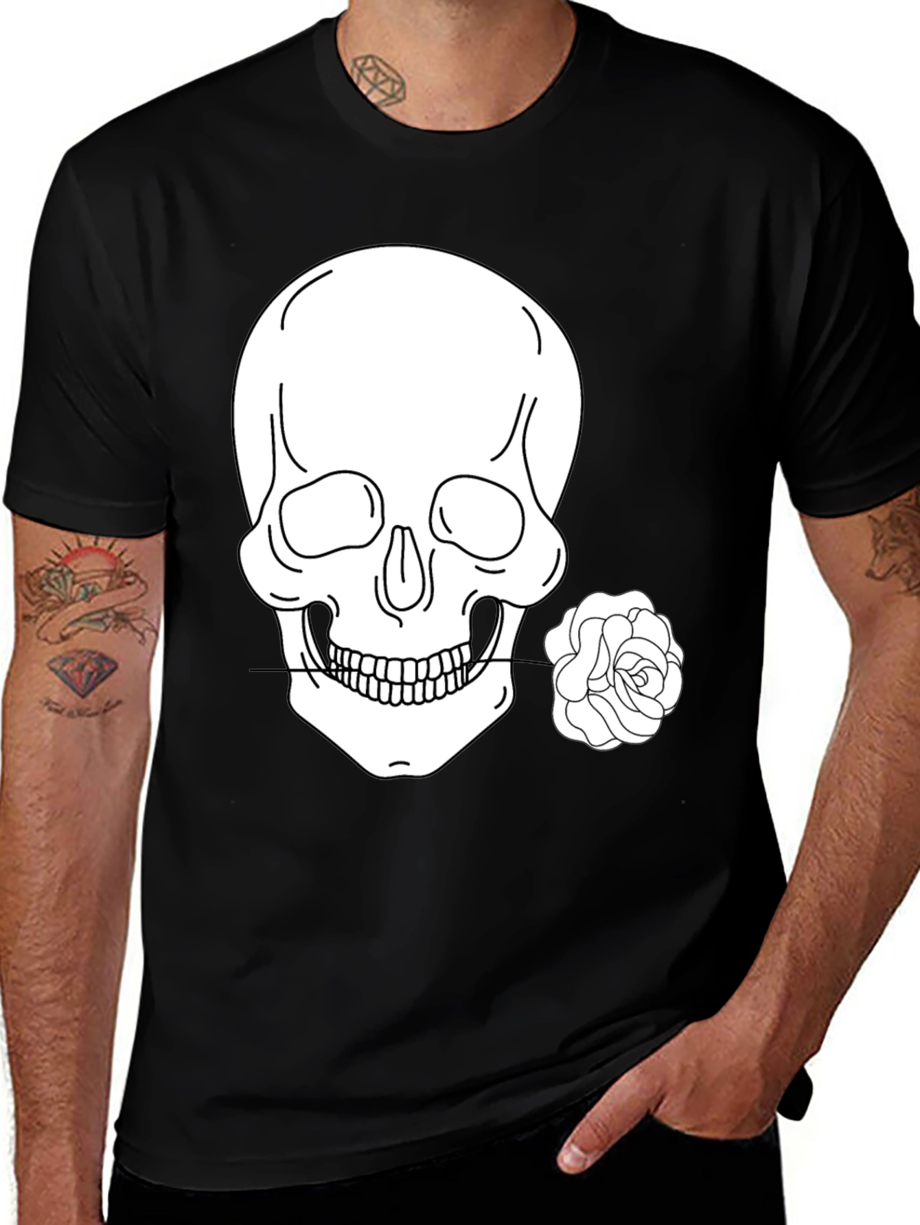 Variant 15 of Skull and Rose Graphic Tee - Black Cotton Shirt