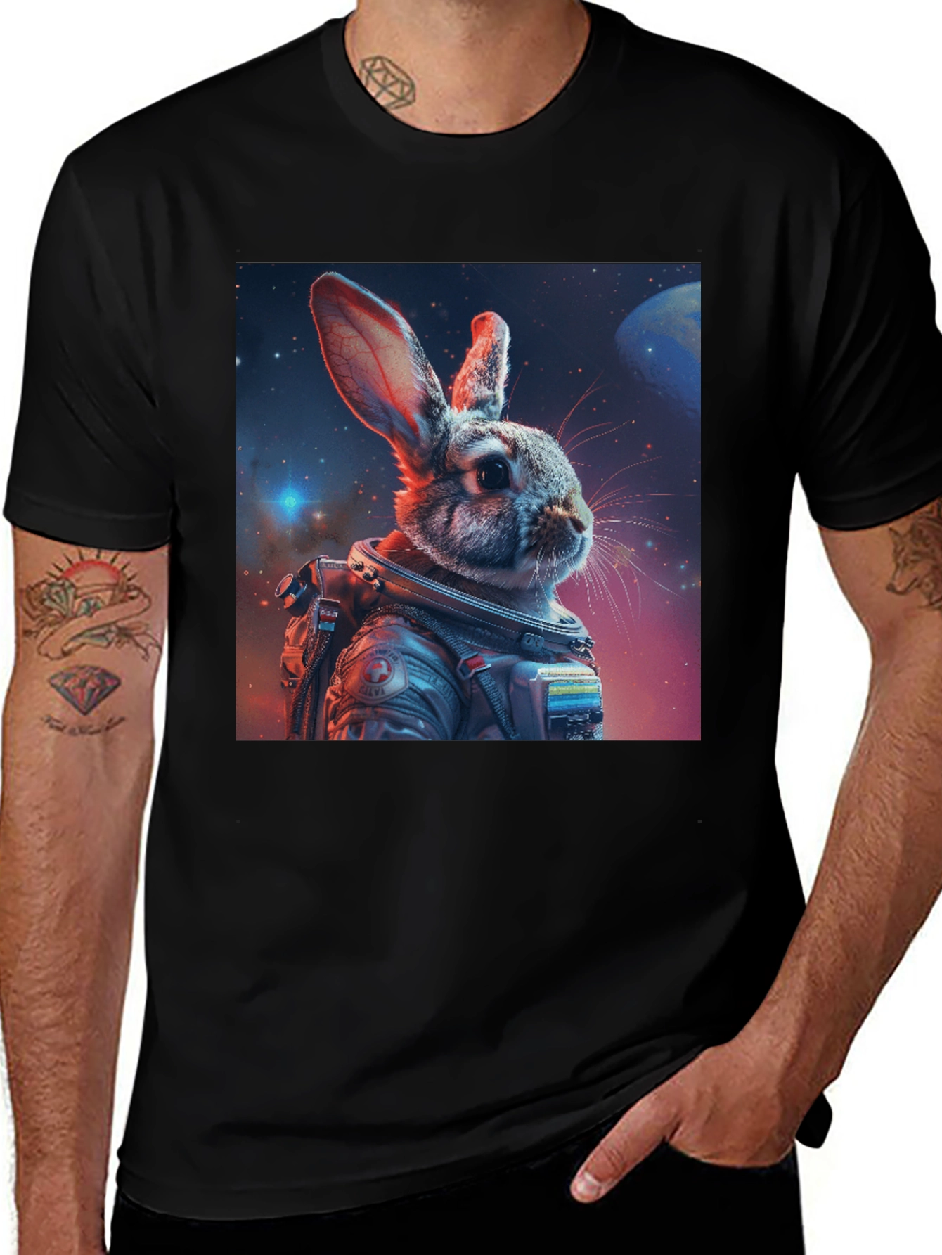 Variant 23 of Astronaut Rabbit Graphic Black T-Shirt