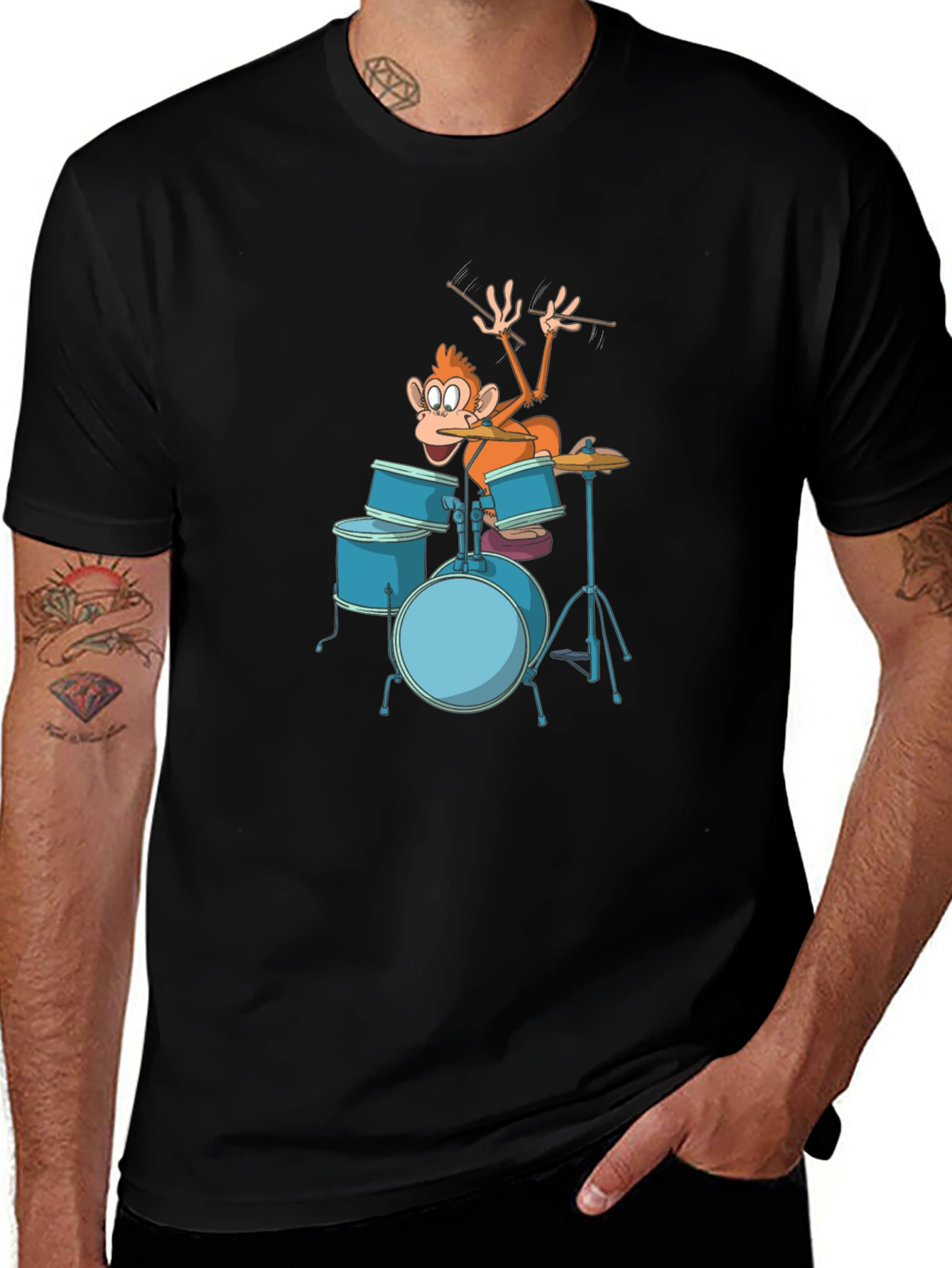 Variant 11 of Funny Monkey Drummer Graphic Tee - Black Cotton T-Shirt