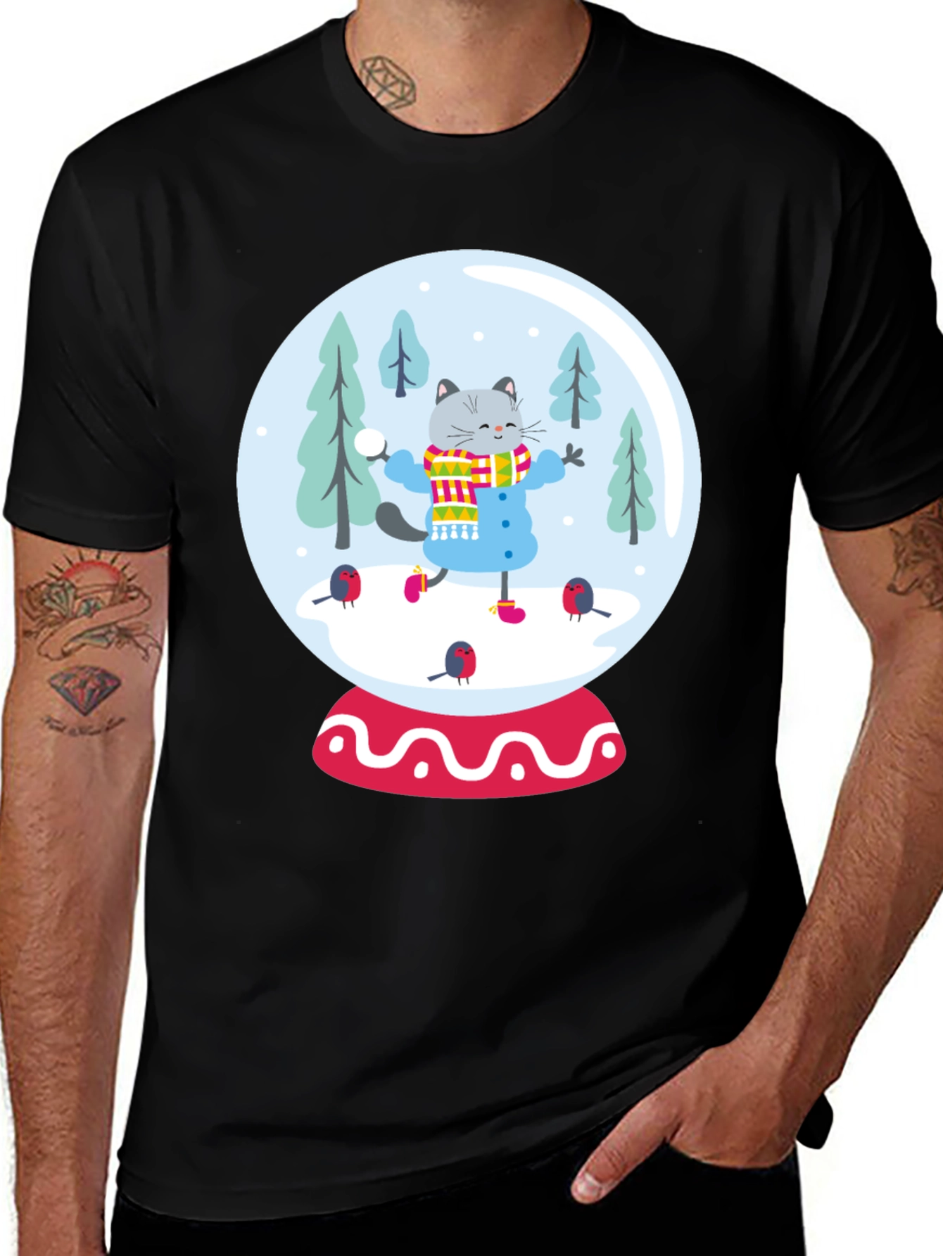 Variant 20 of Festive Cat Snow Globe Graphic Tee - Black