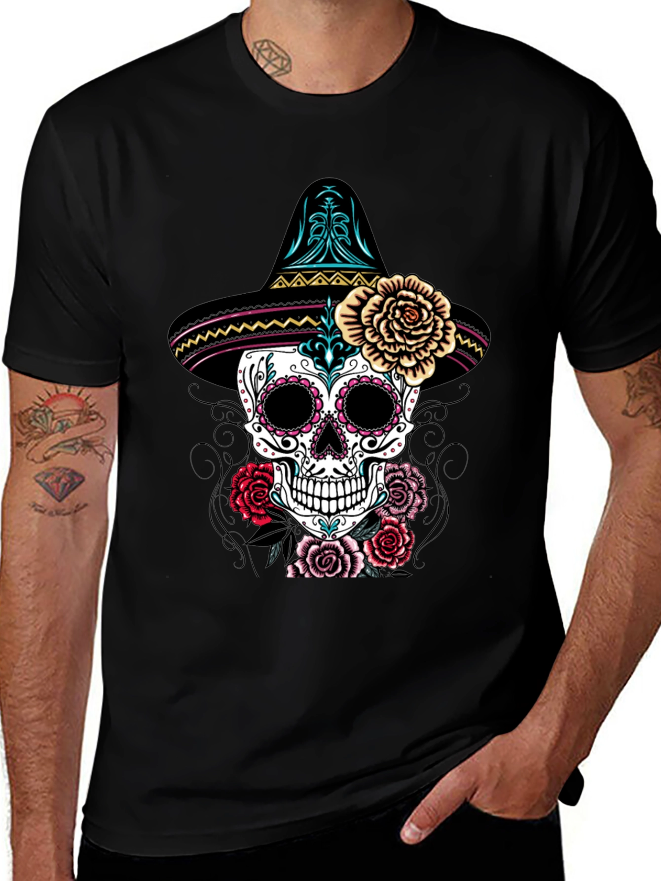 Variant 21 of Sugar Skull Sombrero Graphic Tee - Day of the Dead Shirt