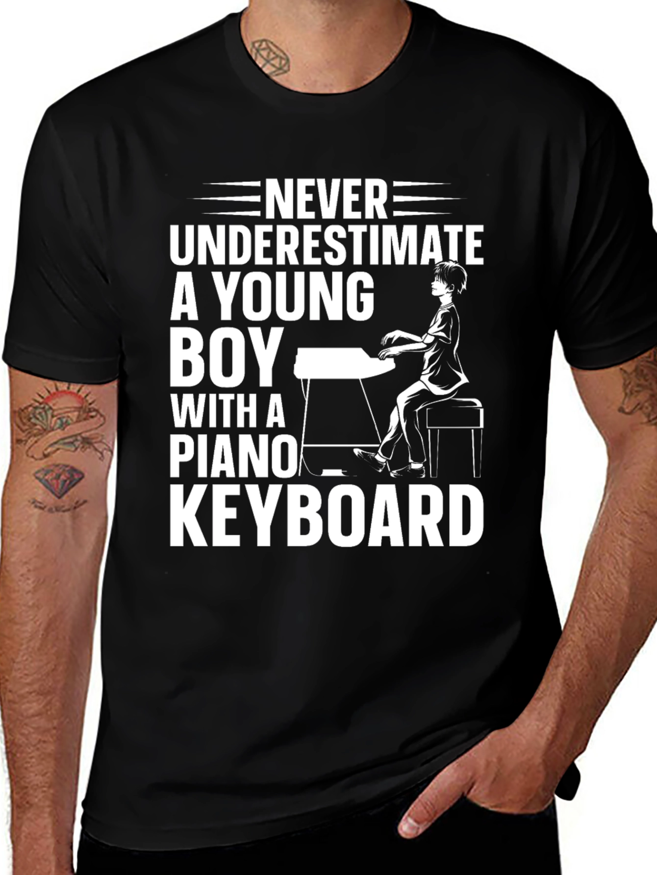 Variant 27 of Never Underestimate Young Boy Piano Keyboard Black Tee