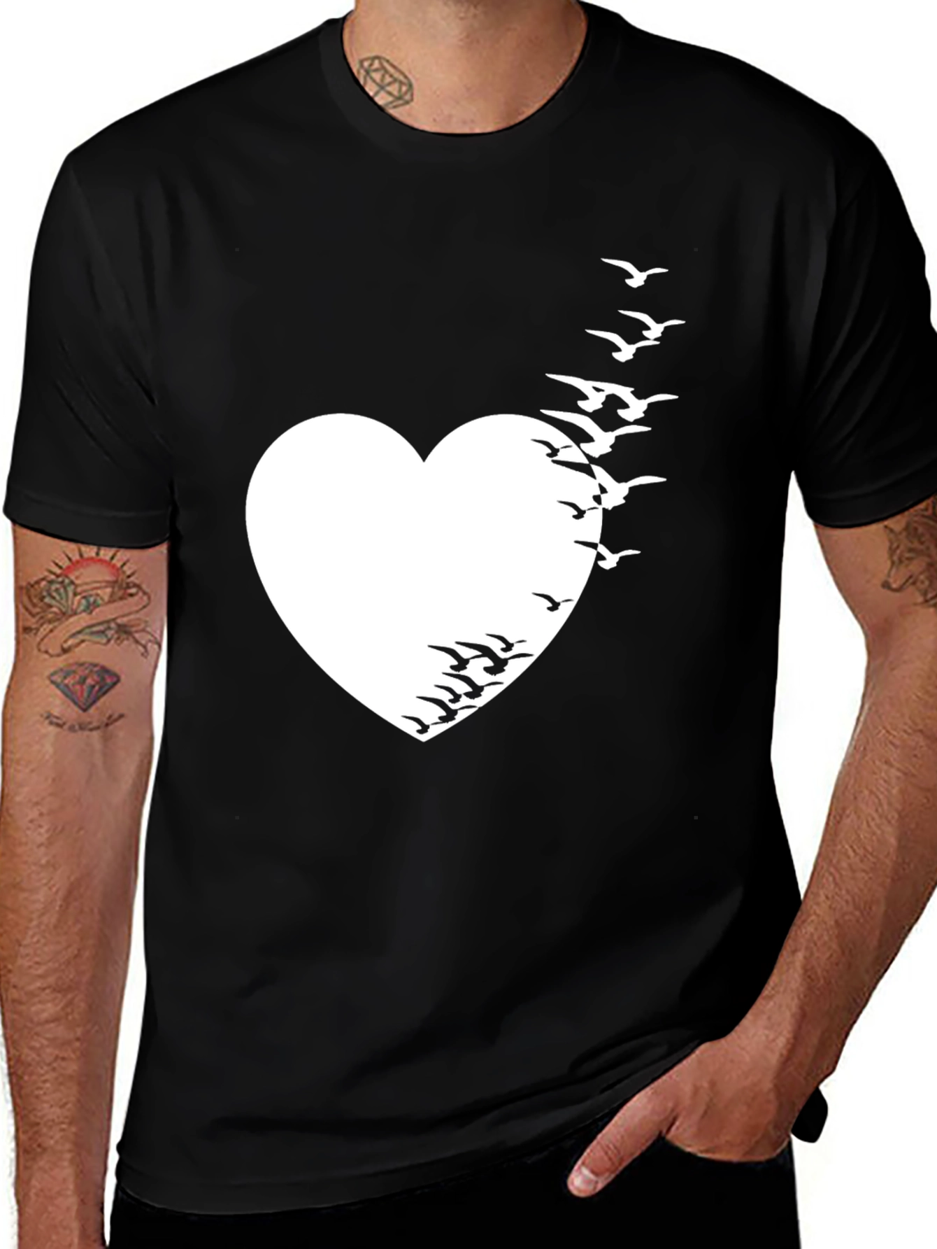 Variant 15 of Heart & Birds Graphic Tee - Unique Black T-Shirt