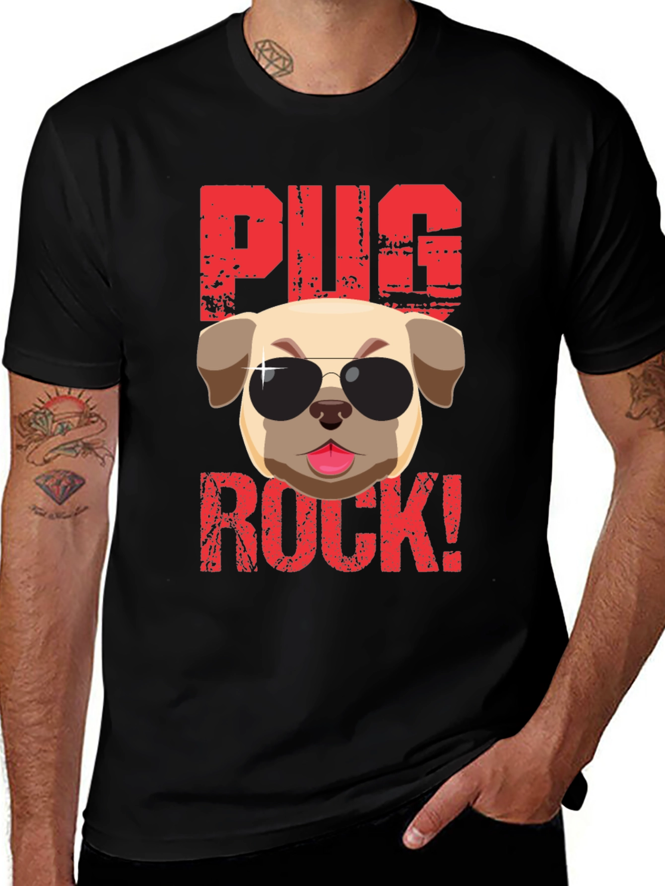 Black Pug Rock T-Shirt - Cool Dog Tee main image