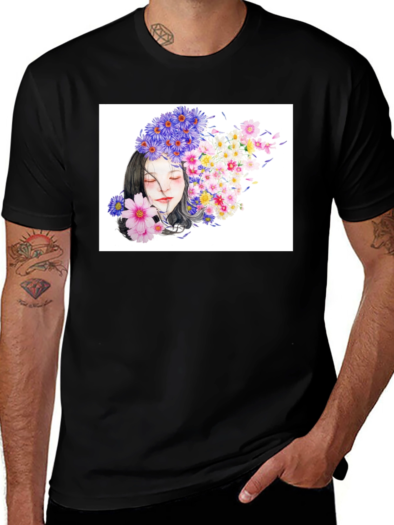 Variant 24 of Floral Woman Portrait Black T-Shirt