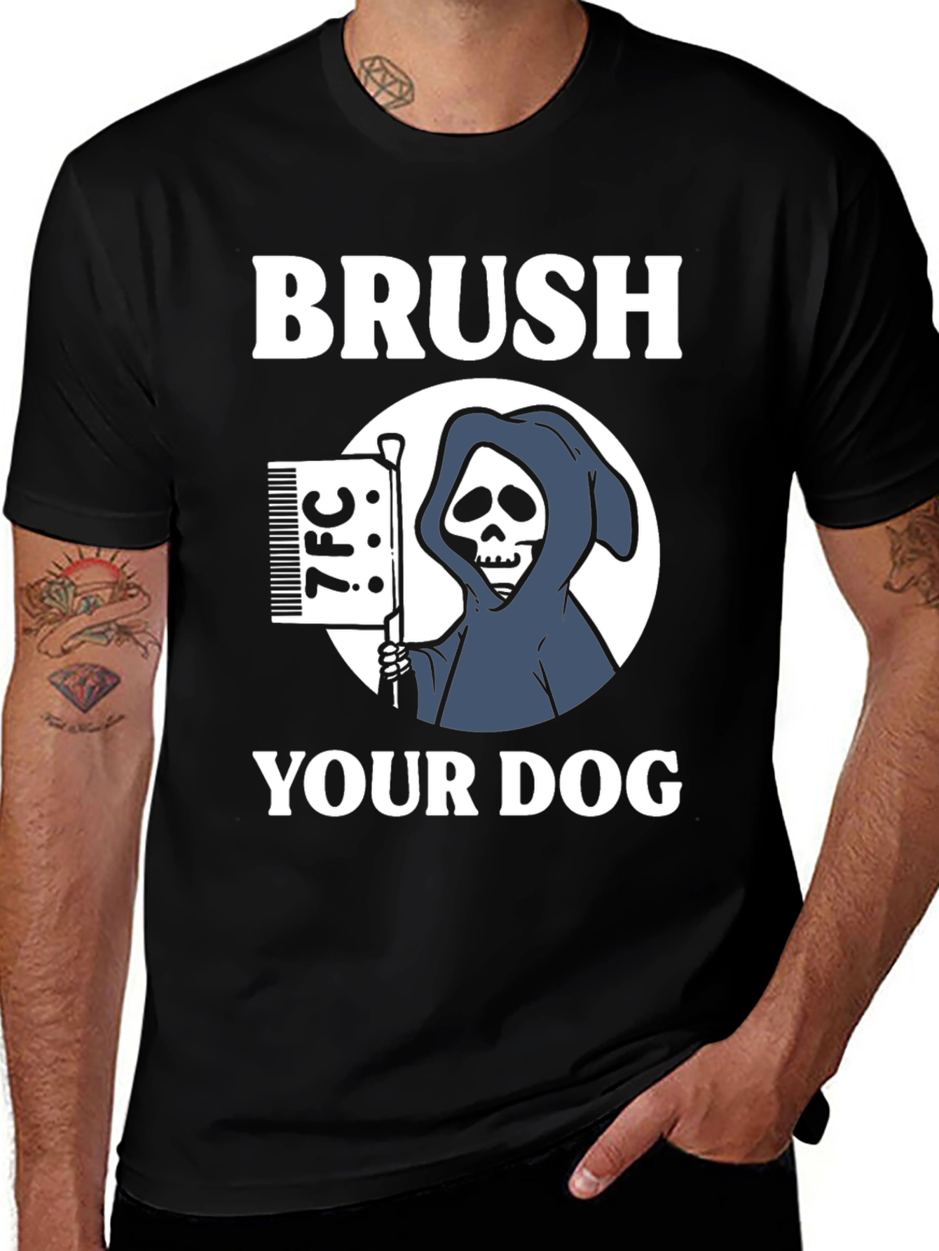 Variant 3 of Brush Your Dog Tee - Grim Reaper Funny Dog Grooming