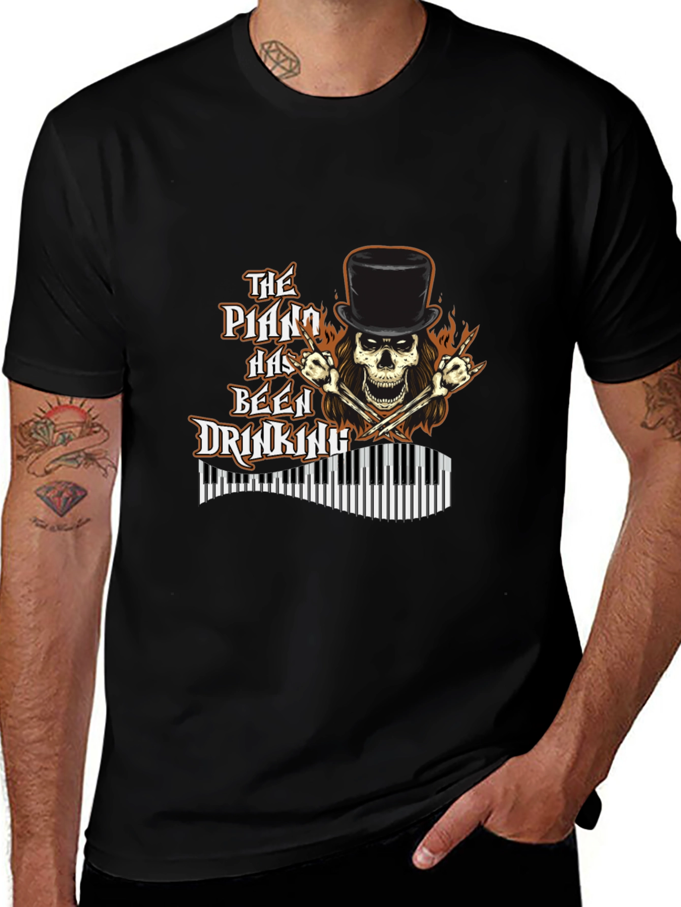 Variant 19 of Piano Drinking Skeleton T-Shirt - Rock Style