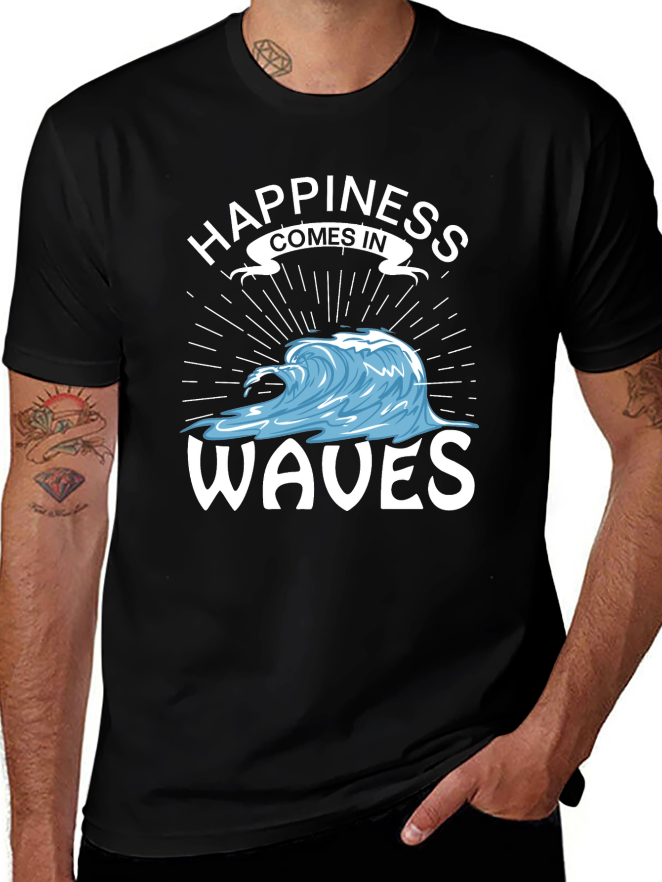 Variant 18 of Happiness Comes in Waves Black Graphic T-Shirt